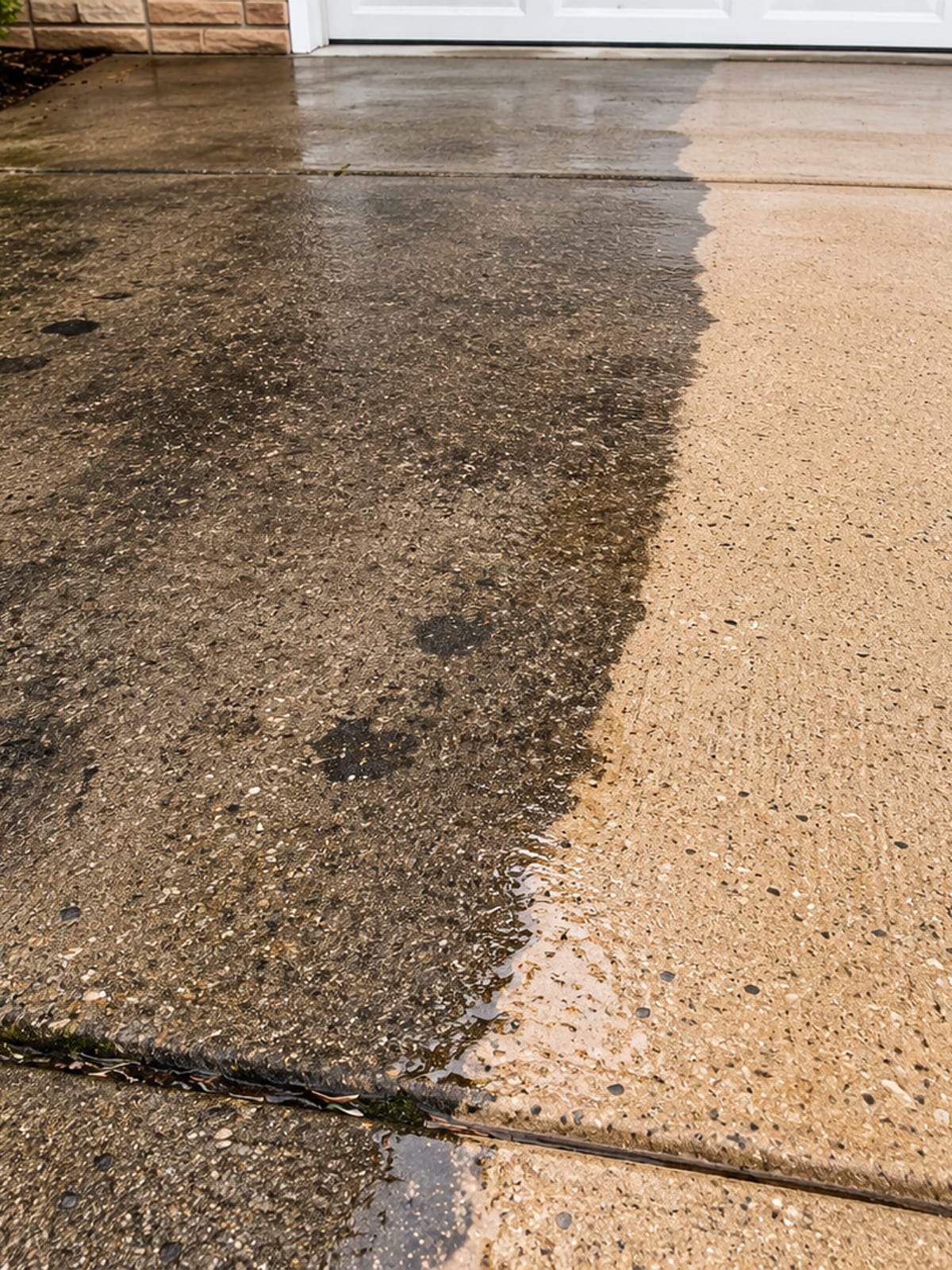 Split surface view of a residential concrete driveway in Baltimore County showing a stark contrast between a dirty oil-stained half and a freshly pressure-washed bright clean half