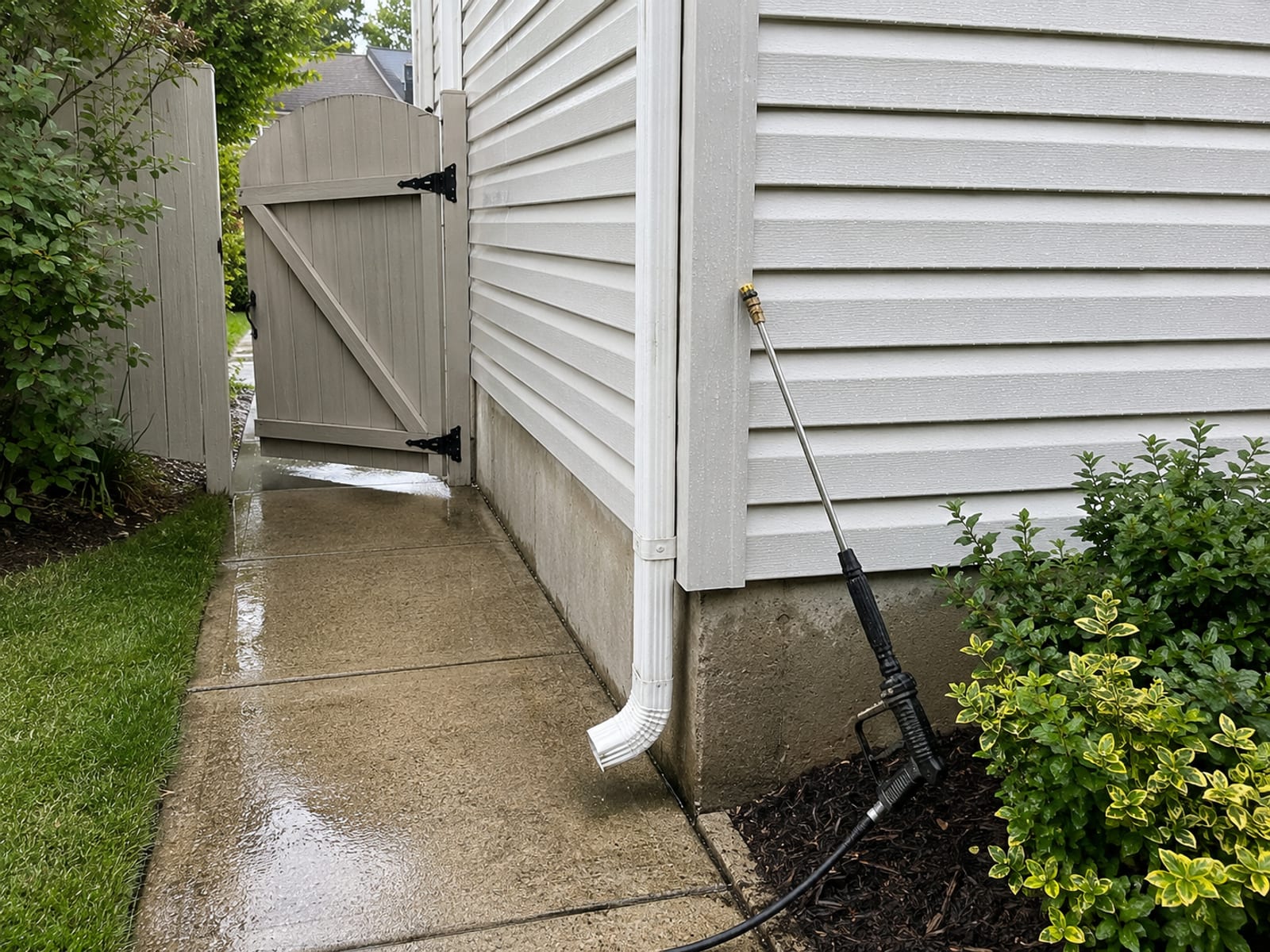 Close view of a clean vinyl-sided home corner and side gate with a pressure washing wand resting against the foundation, damp walkway nearby