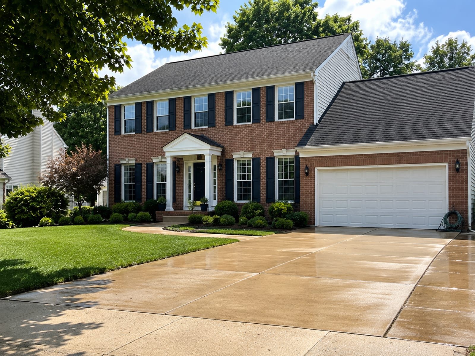 Freshly pressure washed brick colonial home exterior on a sunny suburban Baltimore day, clean driveway and front walkway visible