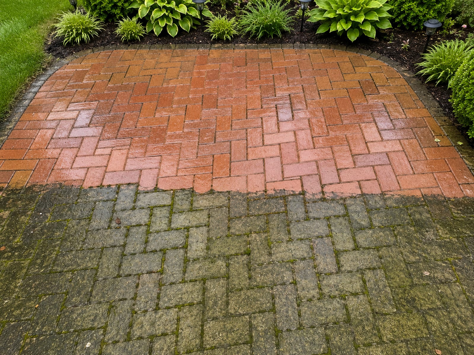 Overhead view of a brick paver patio with one half fully cleaned showing rich red-tan color and one half still covered in green algae and gray weathering stains