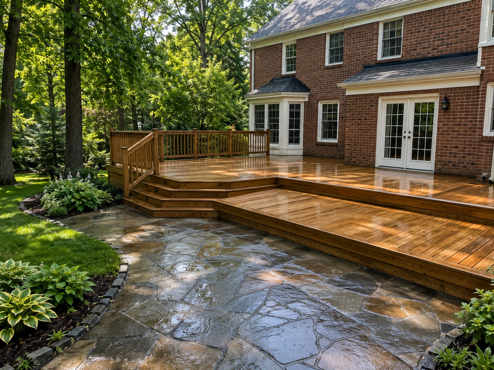 Wide view of a freshly pressure-washed wooden deck and adjacent stone patio behind a brick colonial home in a leafy Baltimore County backyard