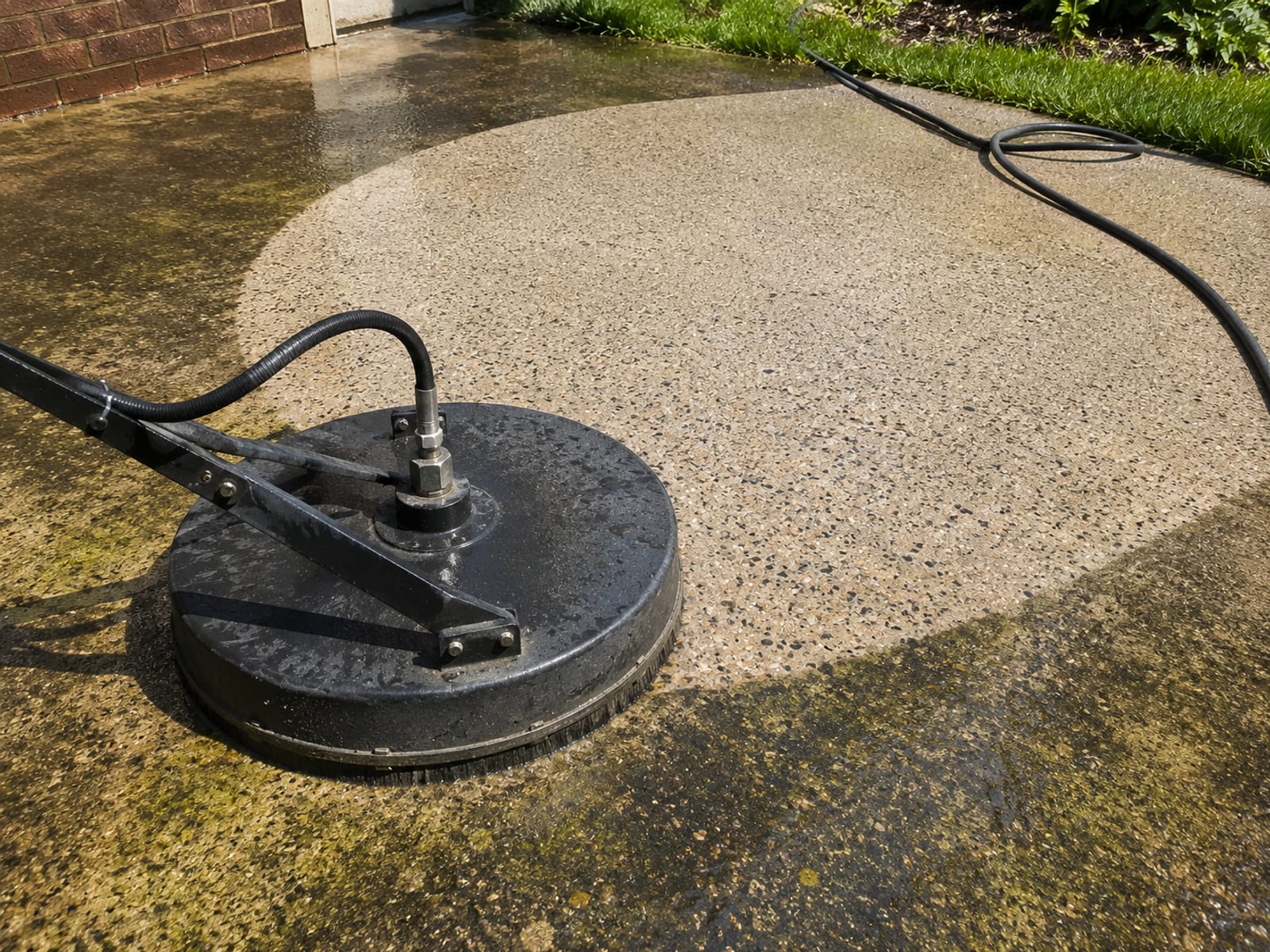A round surface cleaner attachment connected to a pressure washing hose resting on a partially cleaned concrete patio with a stark clean-to-dirty contrast visible