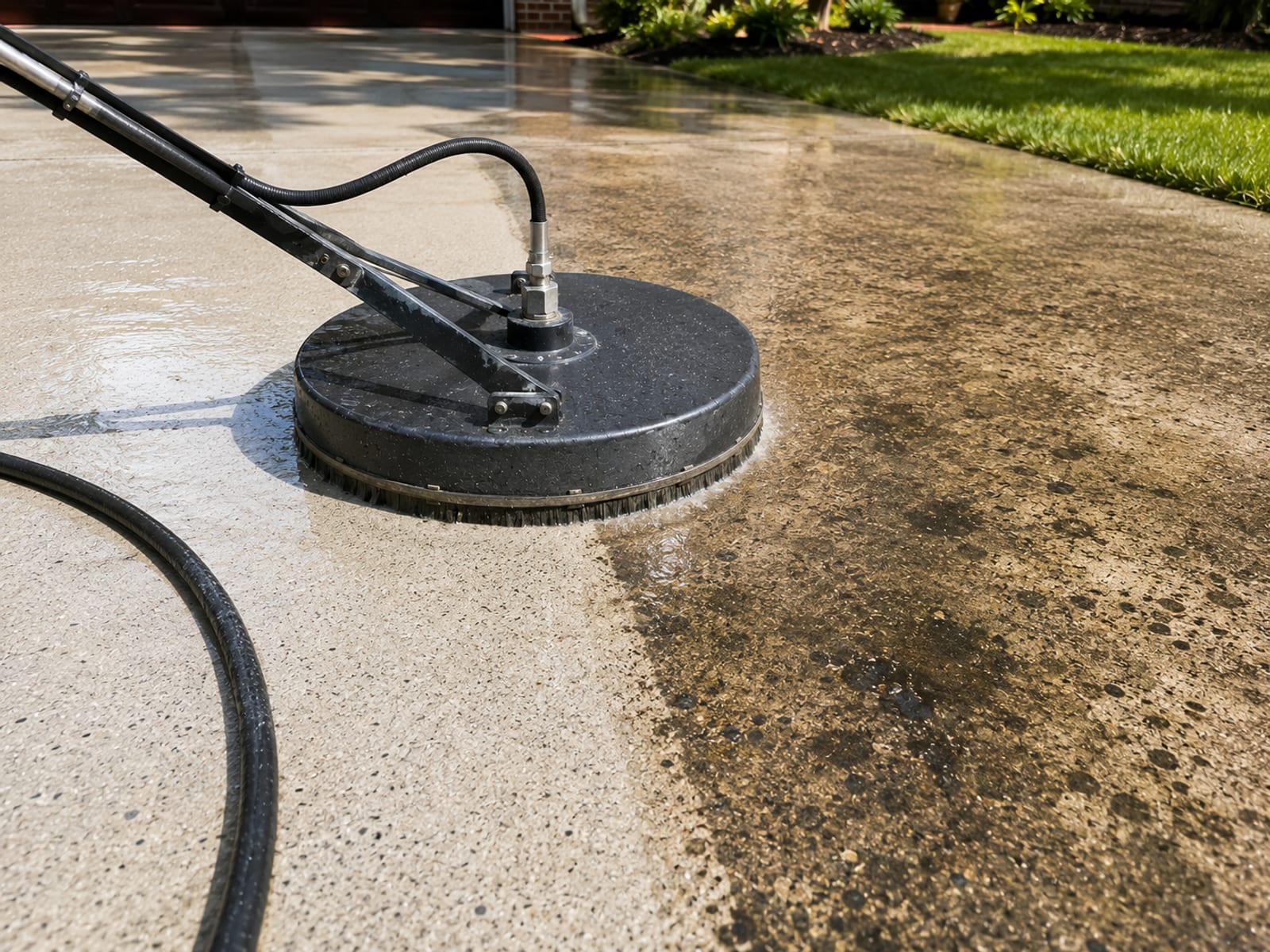 Close view of a round surface cleaner attachment moving across a stained concrete driveway leaving a bright clean path behind it