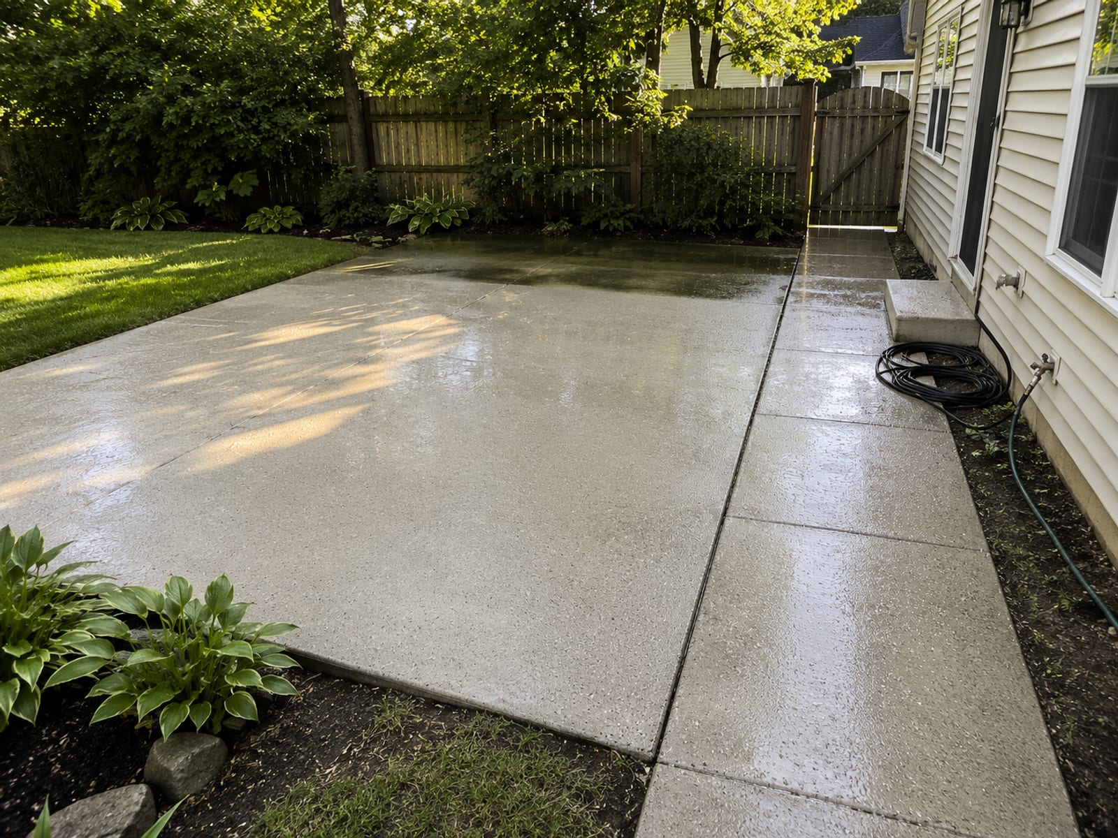 Backyard view of a freshly cleaned concrete patio and connecting concrete walkway beside a vinyl-sided colonial home with water still beading on the surface