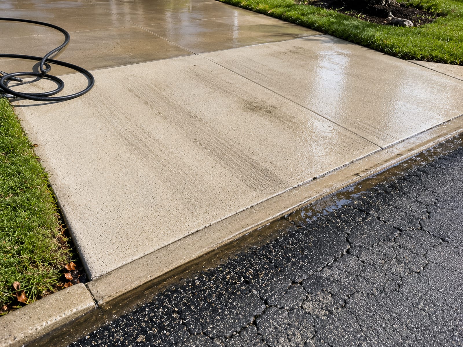Overhead angled view of a clean concrete driveway apron at the street edge showing bright white concrete against the surrounding weathered asphalt