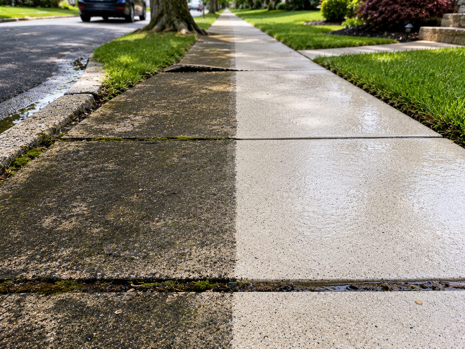 Street-level view of a public sidewalk split between heavily stained dark concrete on the left and brilliant freshly cleaned concrete on the right