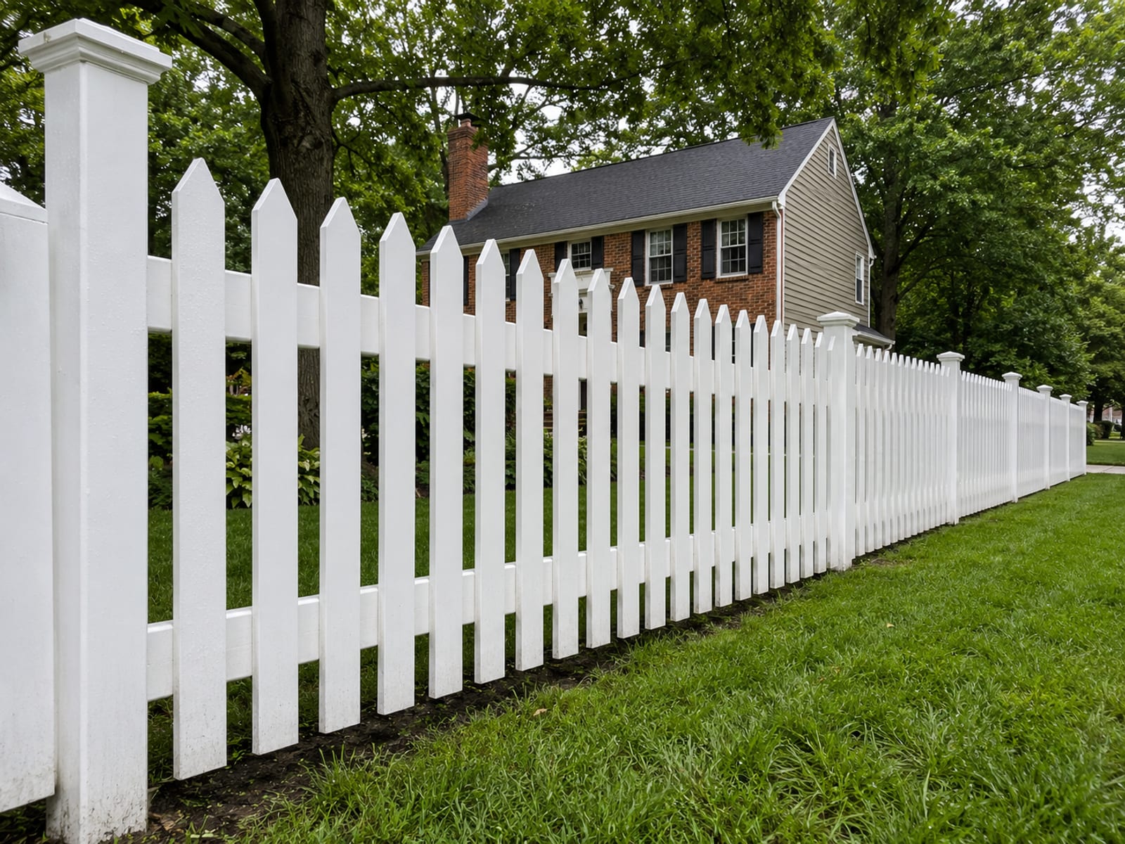 A freshly washed white wooden picket fence lining the front yard of a brick colonial home in a Baltimore County neighborhood, bright and clean against green lawn