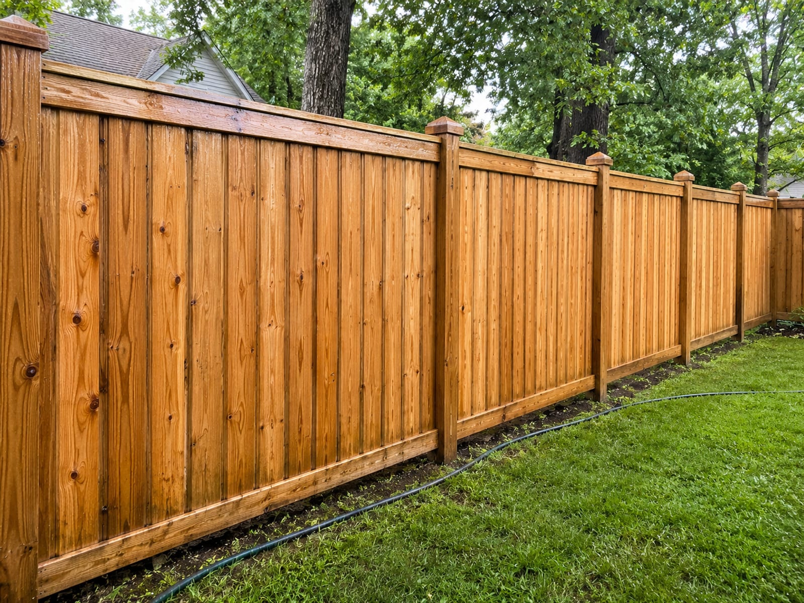 A long wooden privacy fence stretching across a suburban Baltimore backyard, freshly pressure washed and gleaming in afternoon sunlight