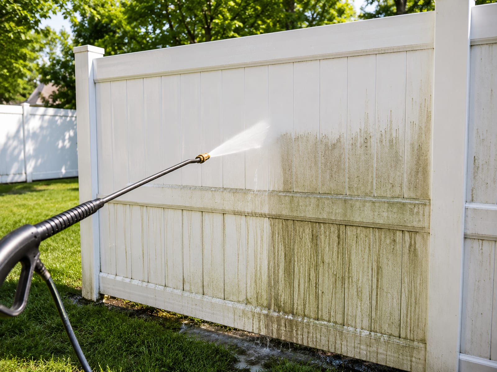A pressure washing wand aimed at a white vinyl privacy fence panel, water spraying at close range and stripping dirt and algae from the surface