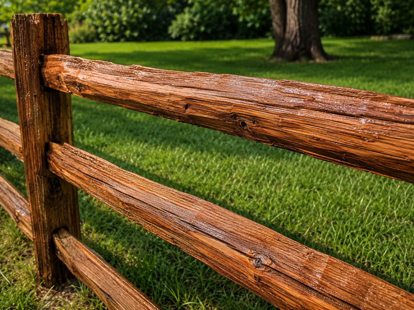 A freshly cleaned cedar split-rail fence bordering a residential property in Baltimore County, the natural reddish-brown wood color restored after pressure washing
