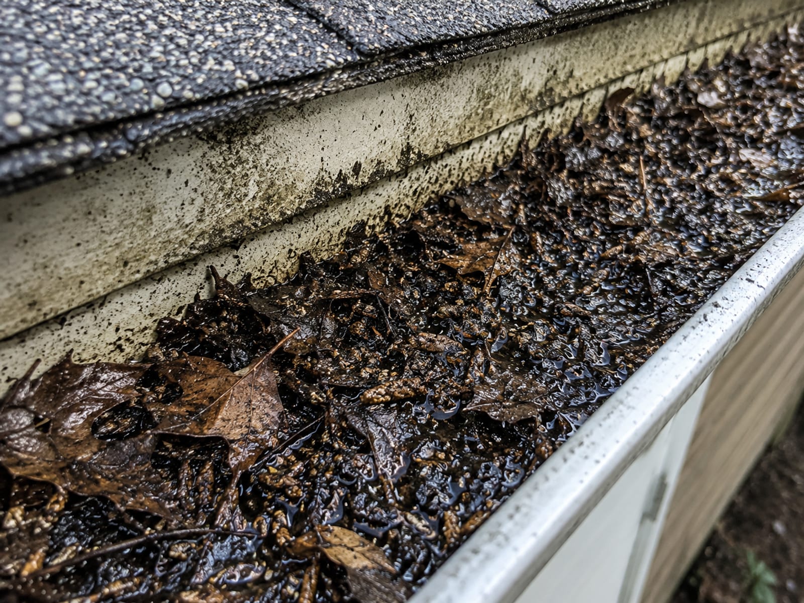 Close-up of an aluminum gutter channel packed with wet leaves and decomposed organic debris being cleared