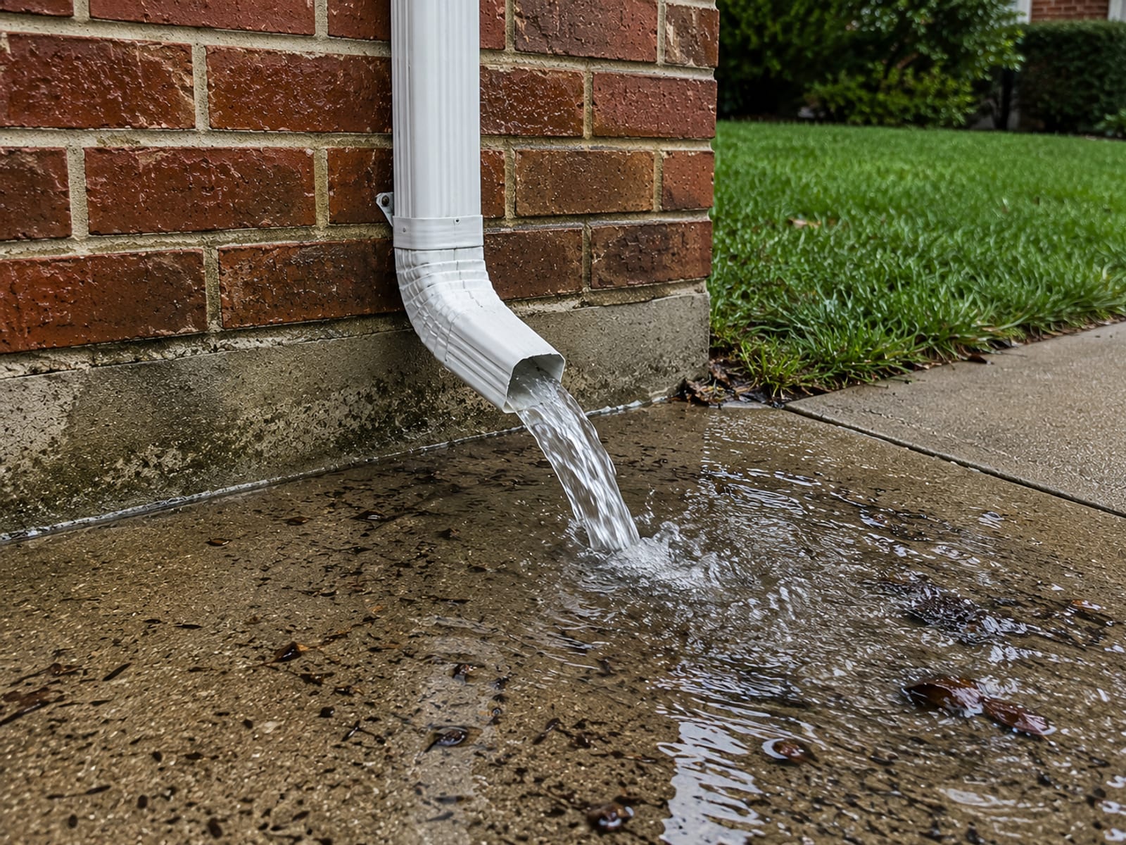 Clean water flowing freely through a residential downspout and exiting a downspout extension onto a wet driveway