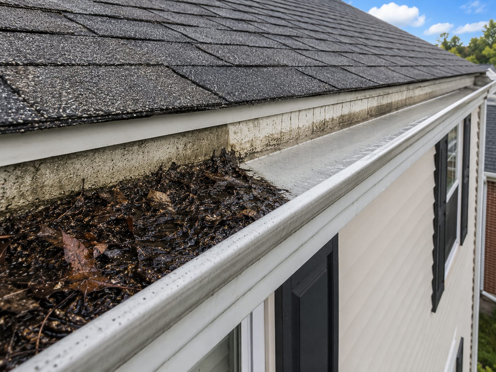 Side-by-side roofline view showing one section of gutter packed with debris adjacent to a freshly cleared clean gutter section on a vinyl sided colonial