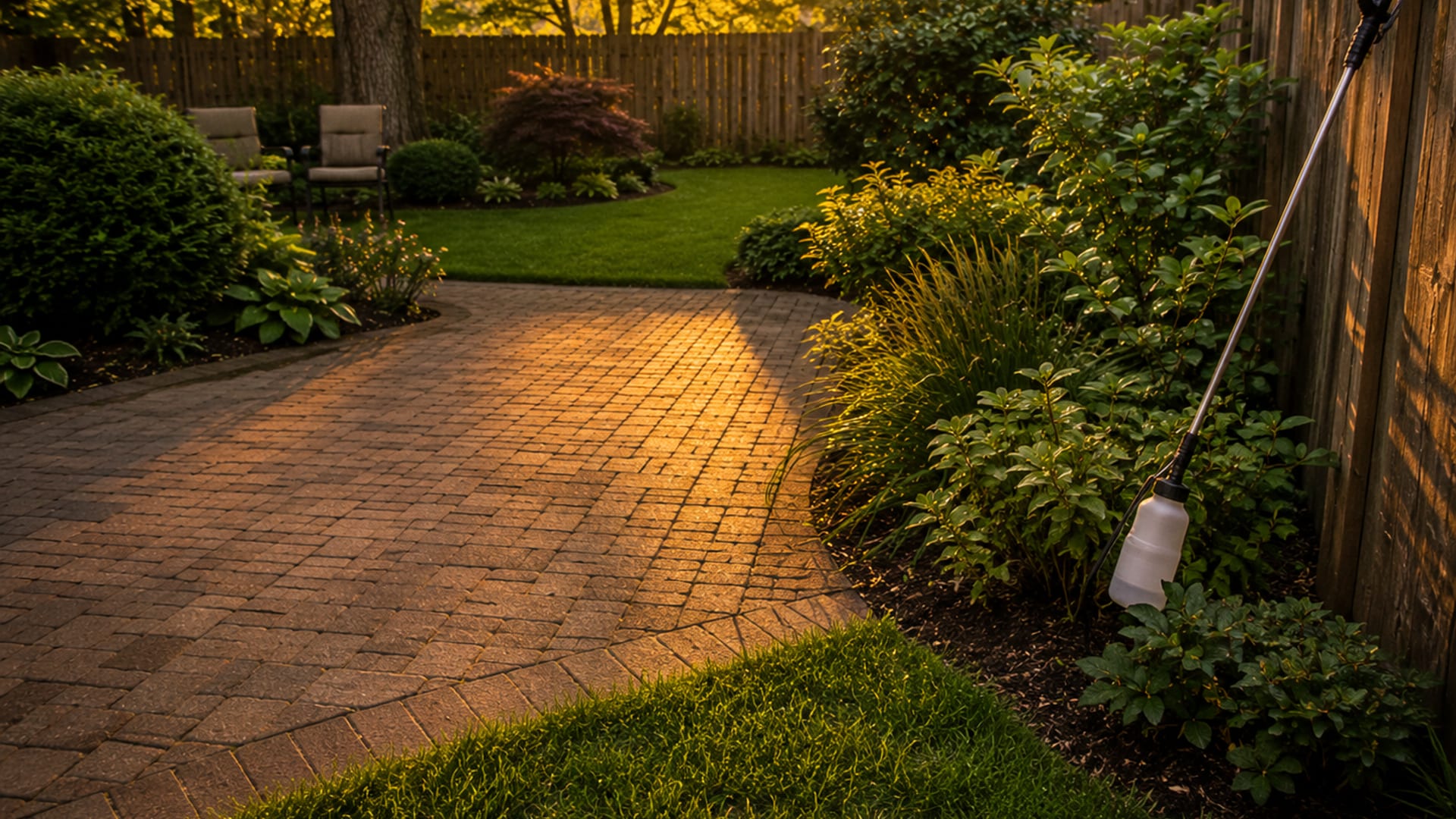 Warm golden hour view of a clean and inviting suburban backyard patio with lush green landscaping a misting wand resting against a fence and a treated lawn free of standing water