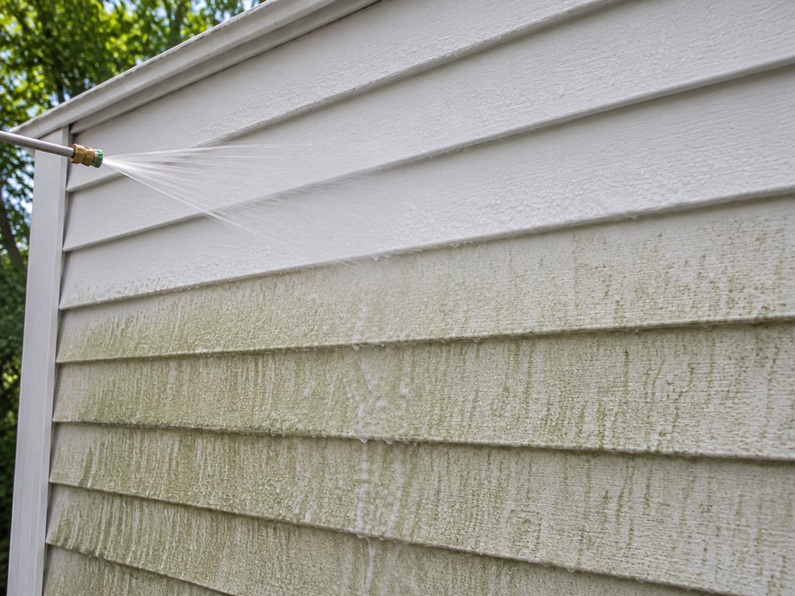 Close view of freshly soft washed white vinyl siding on a suburban home showing the transition between a still-dirty algae stained section and a brilliantly clean rinsed panel