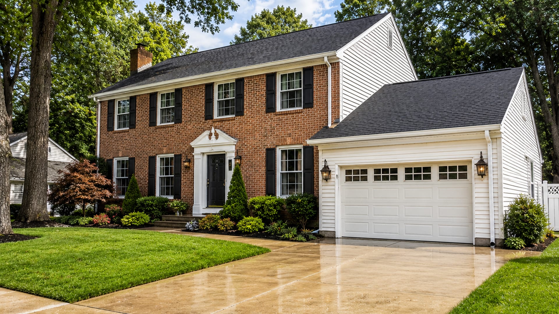 Wide front view of a freshly pressure washed brick and vinyl-sided colonial home in a Baltimore County suburban neighborhood with a clean concrete driveway and lush green lawn