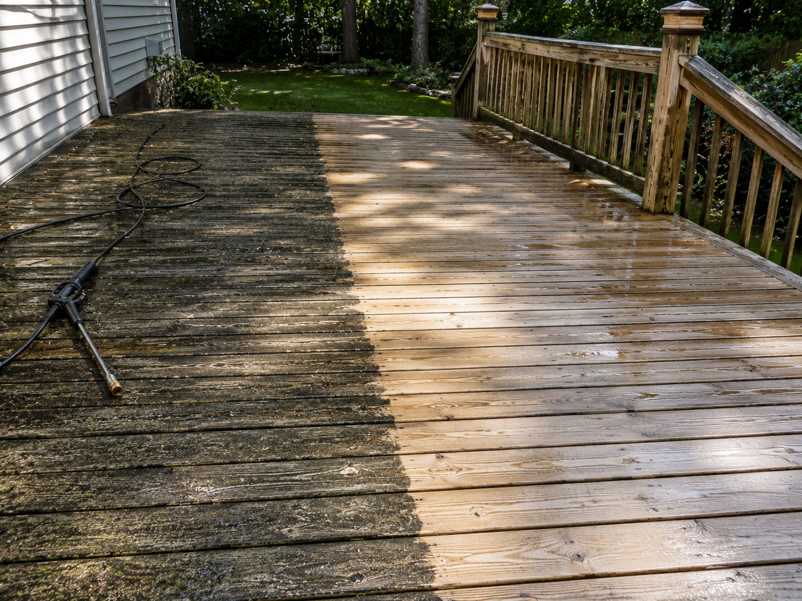 Wide angle view of a freshly pressure washed wooden backyard deck showing bright cleaned wood grain on one side contrasting with dark mildew stained weathered boards on the other