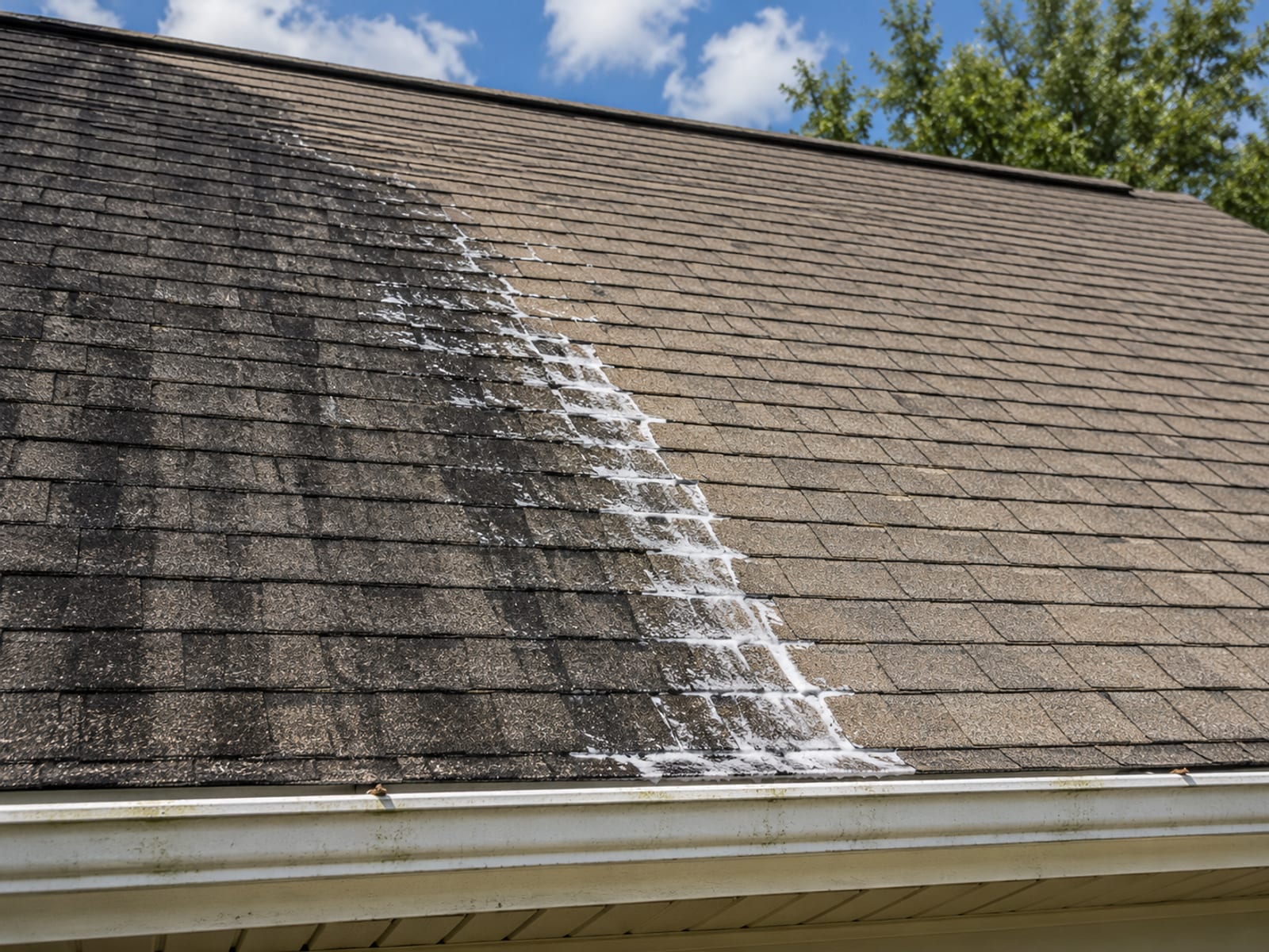 Close pitched roof view showing half cleaned bright asphalt shingles and half covered in dark black algae streaks with soft wash solution foam visible on the dirty section