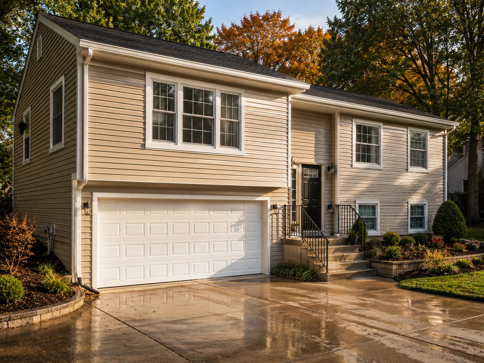 Angled view of a freshly washed split-level home exterior with clean tan vinyl siding and white trim glistening under afternoon light with a wet driveway below
