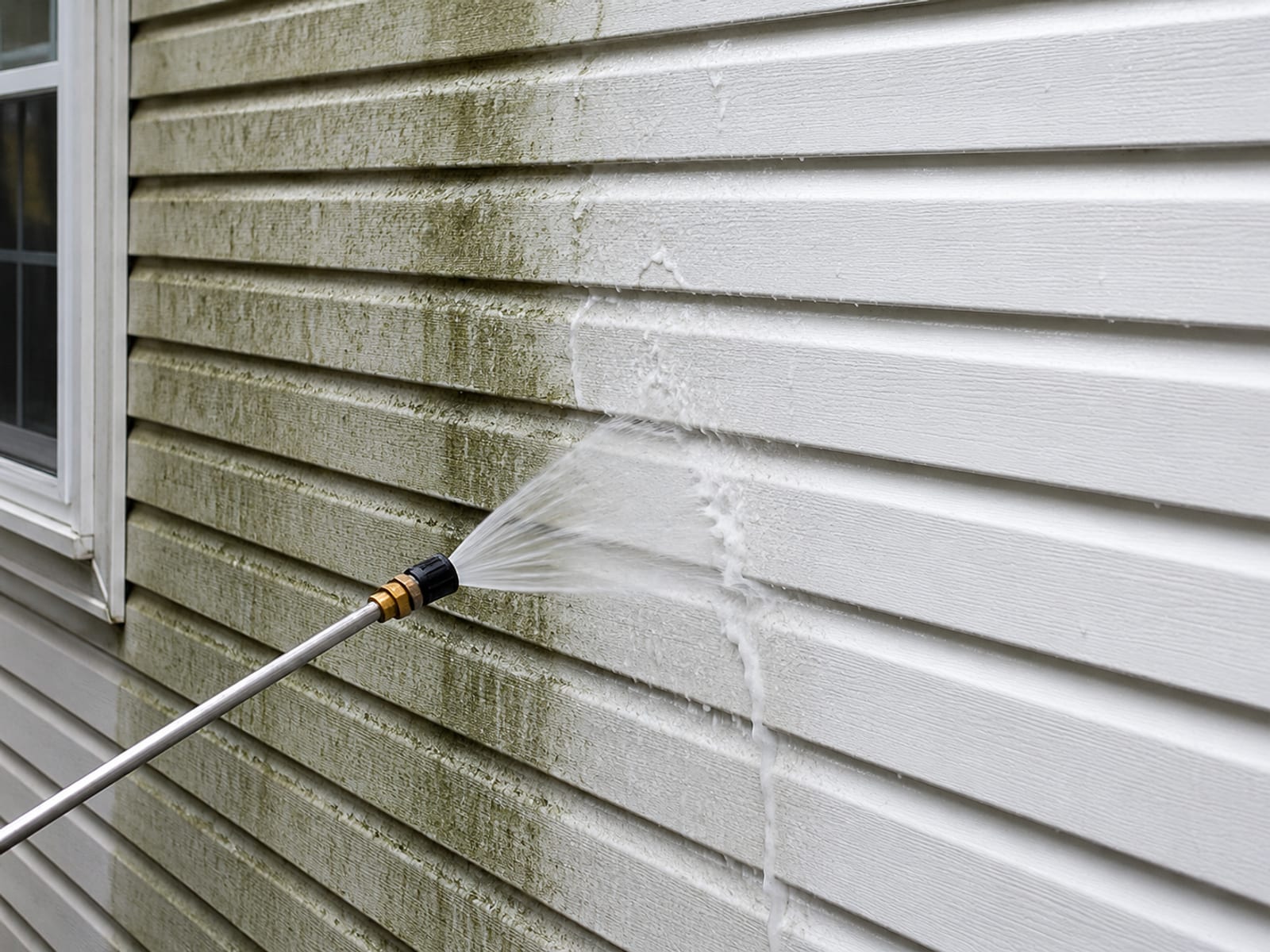Close-up of a soft-wash wand nozzle spraying low-pressure detergent solution across green-algae-stained white vinyl siding on a suburban home