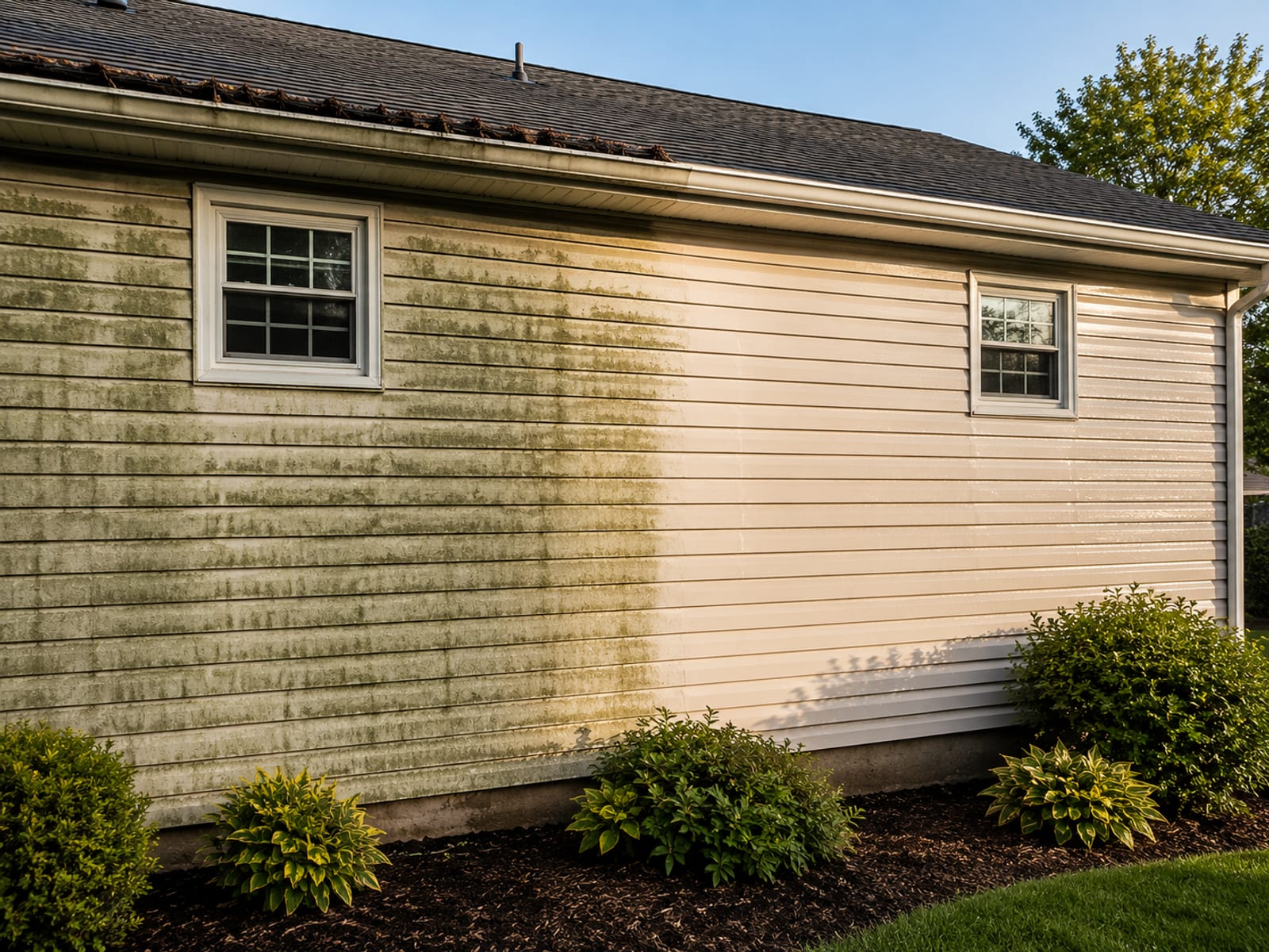 Side-by-side view of a ranch home exterior showing one half with green algae and mildew staining on beige vinyl siding and the other half freshly cleaned and bright