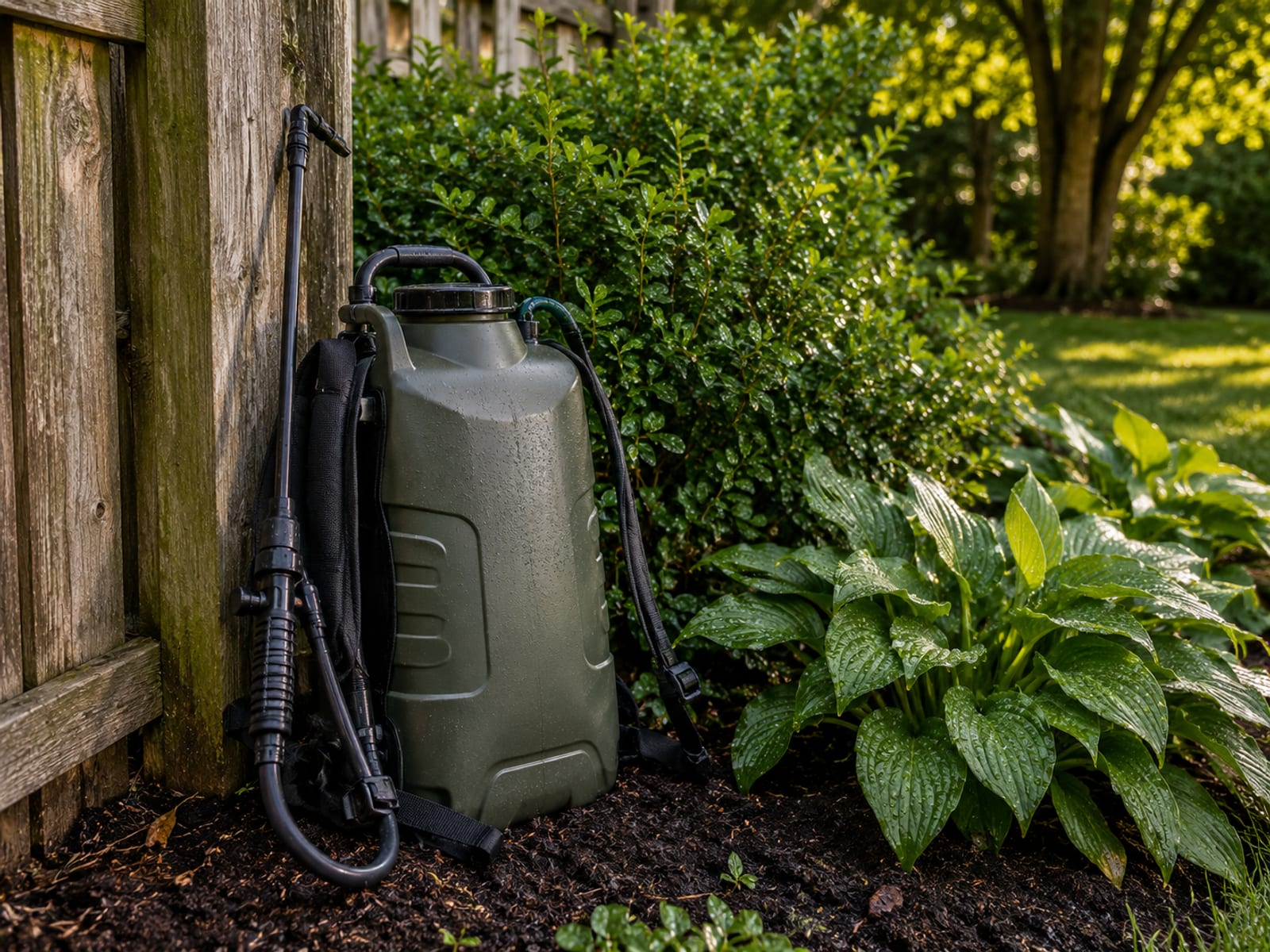 Unbranded backpack misting sprayer resting against a wooden fence post beside dense leafy shrubs with moisture droplets on leaves