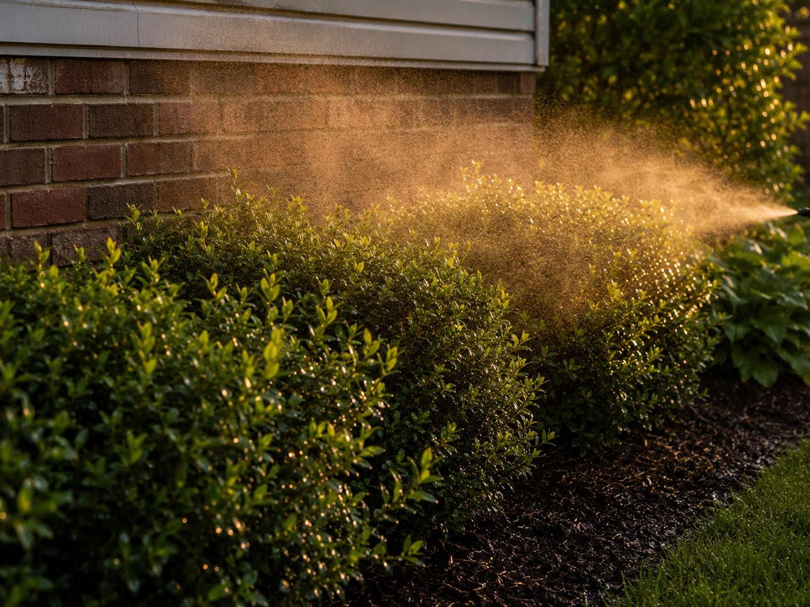 Fine mist spray dispersion hanging in the air over a dense ornamental shrub border along a suburban home foundation at dusk