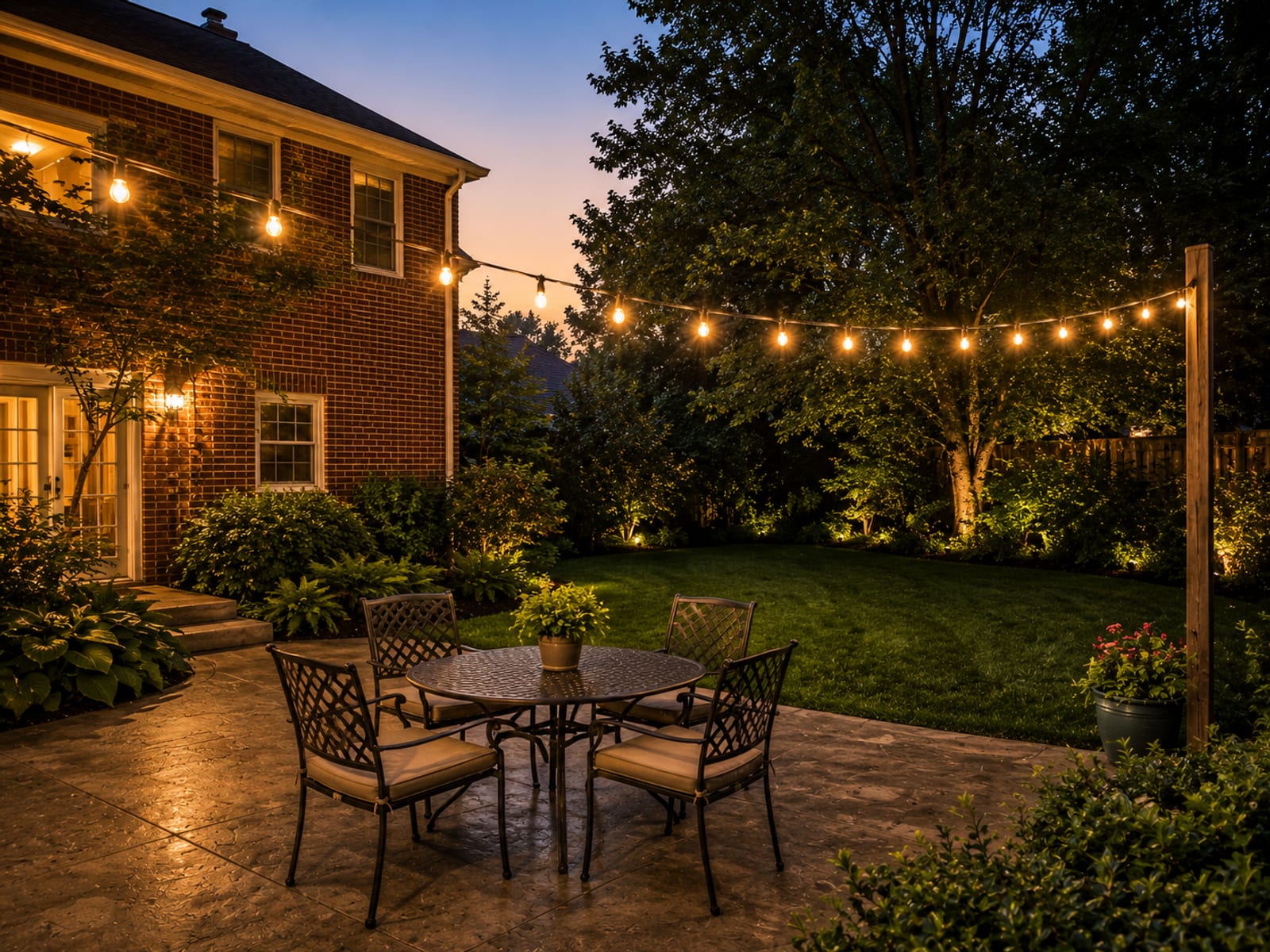 Clean inviting suburban backyard patio with string lights overhead, empty chairs, and lush treated lawn glowing under warm dusk light