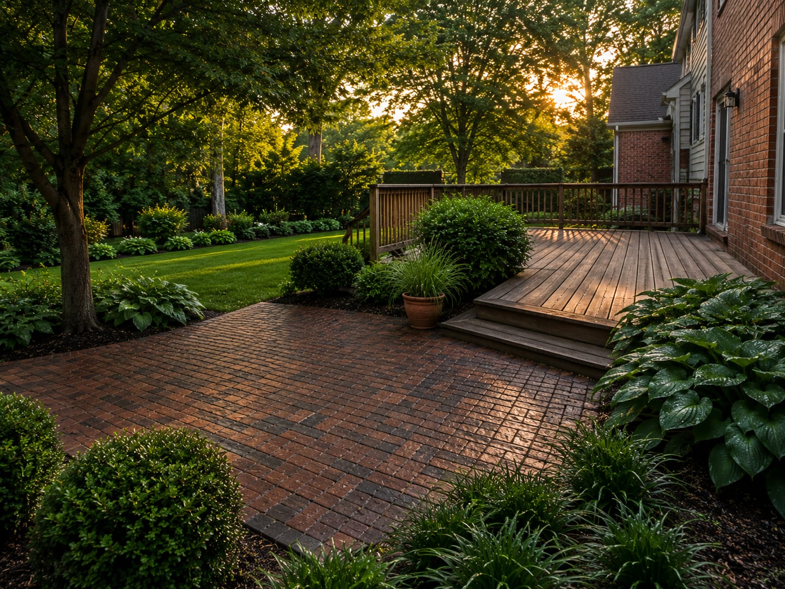 Clean brick patio and adjacent wood deck with surrounding treated shrubs and shade trees in a Baltimore area backyard at evening
