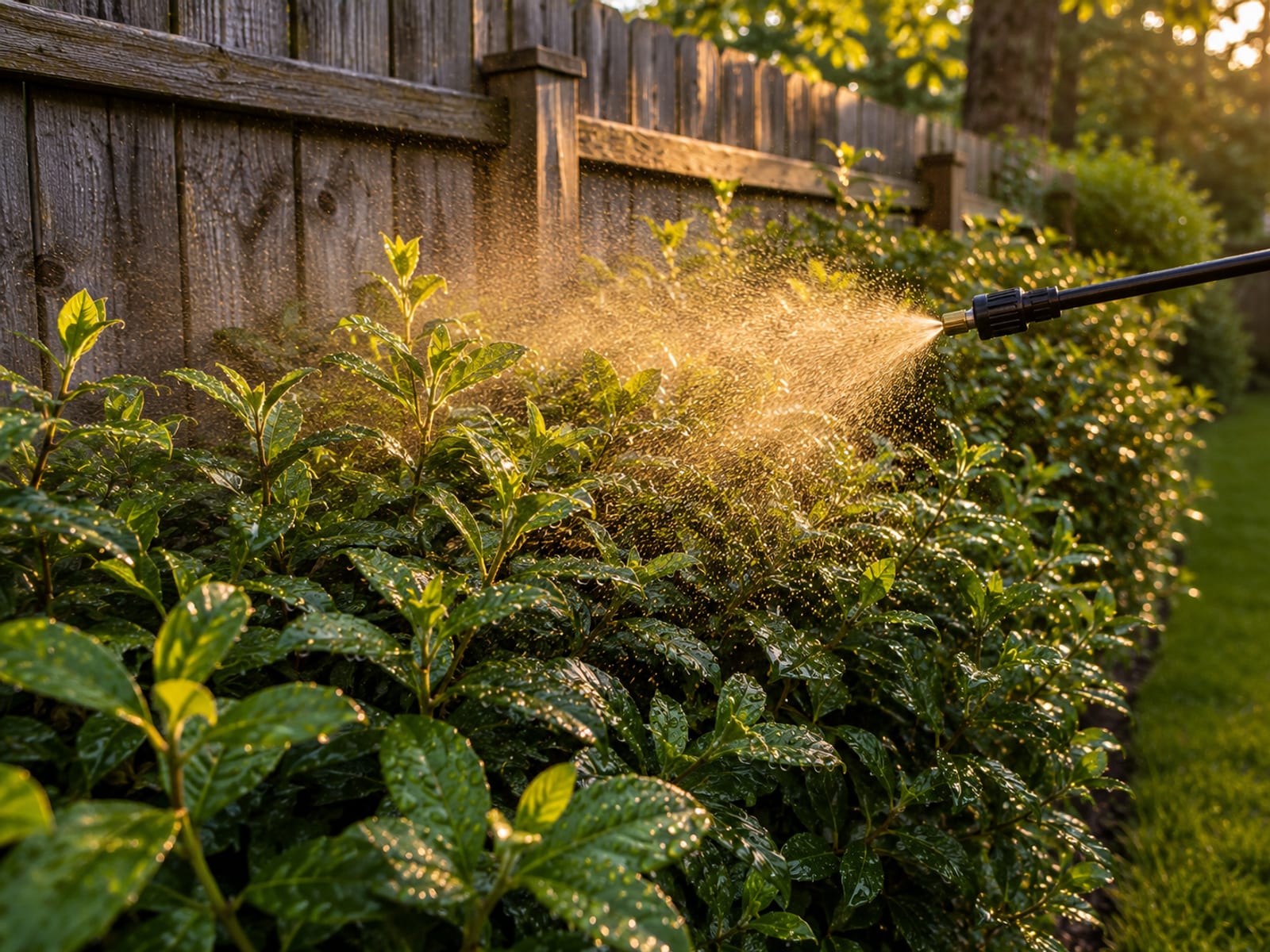 Fine misting spray being applied to a dense green hedge row along a suburban Maryland yard fence line at dusk