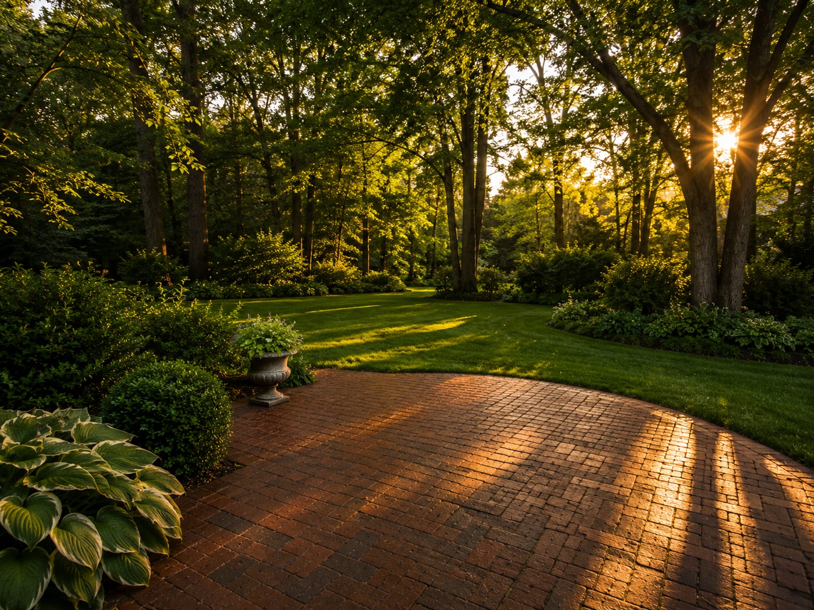 Wide view of a treated suburban backyard patio at golden hour with lush green landscaping and mature shade trees