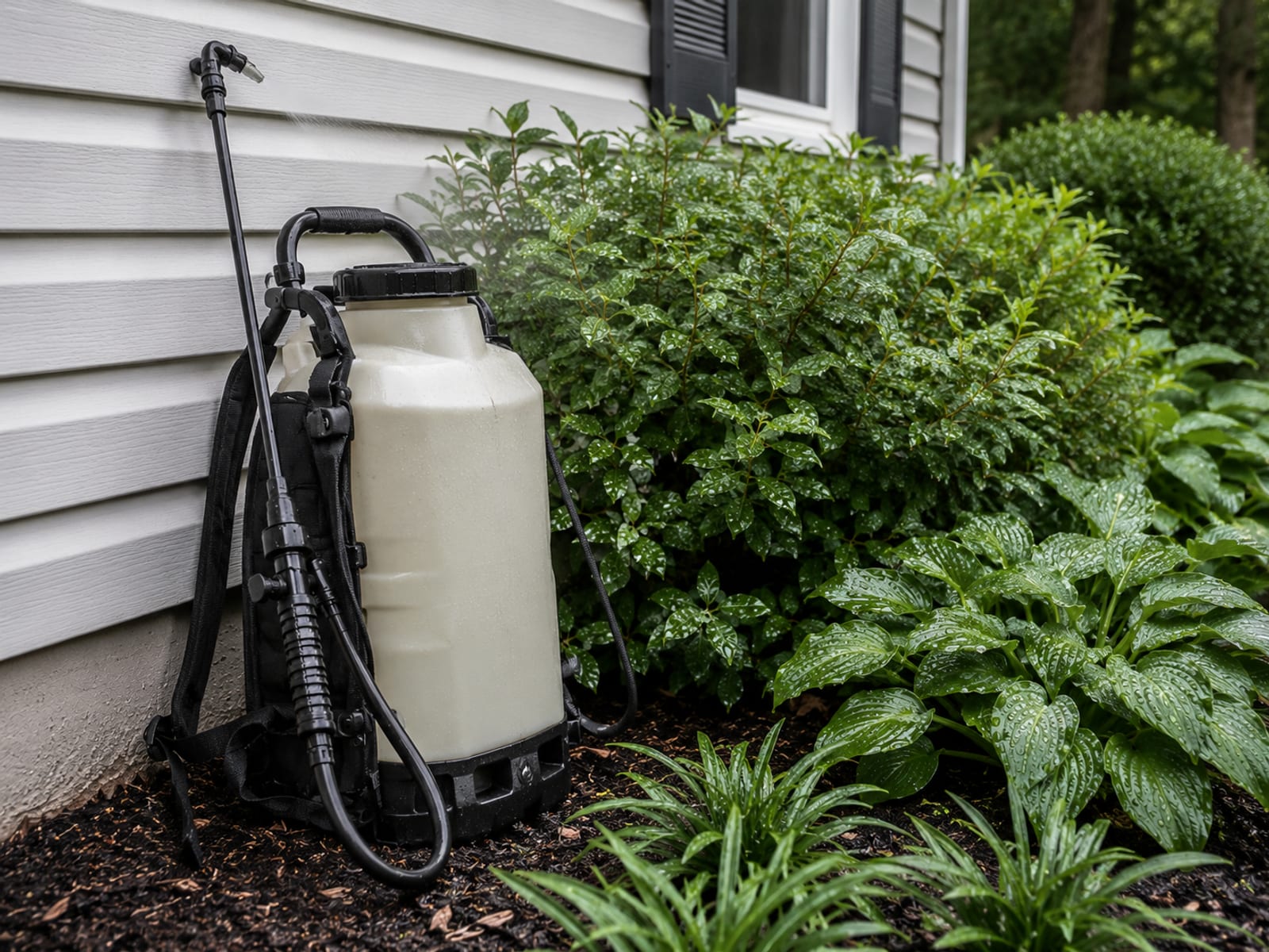 Unbranded backpack misting sprayer resting against a vinyl-sided home beside treated shrubs in a Baltimore suburban yard