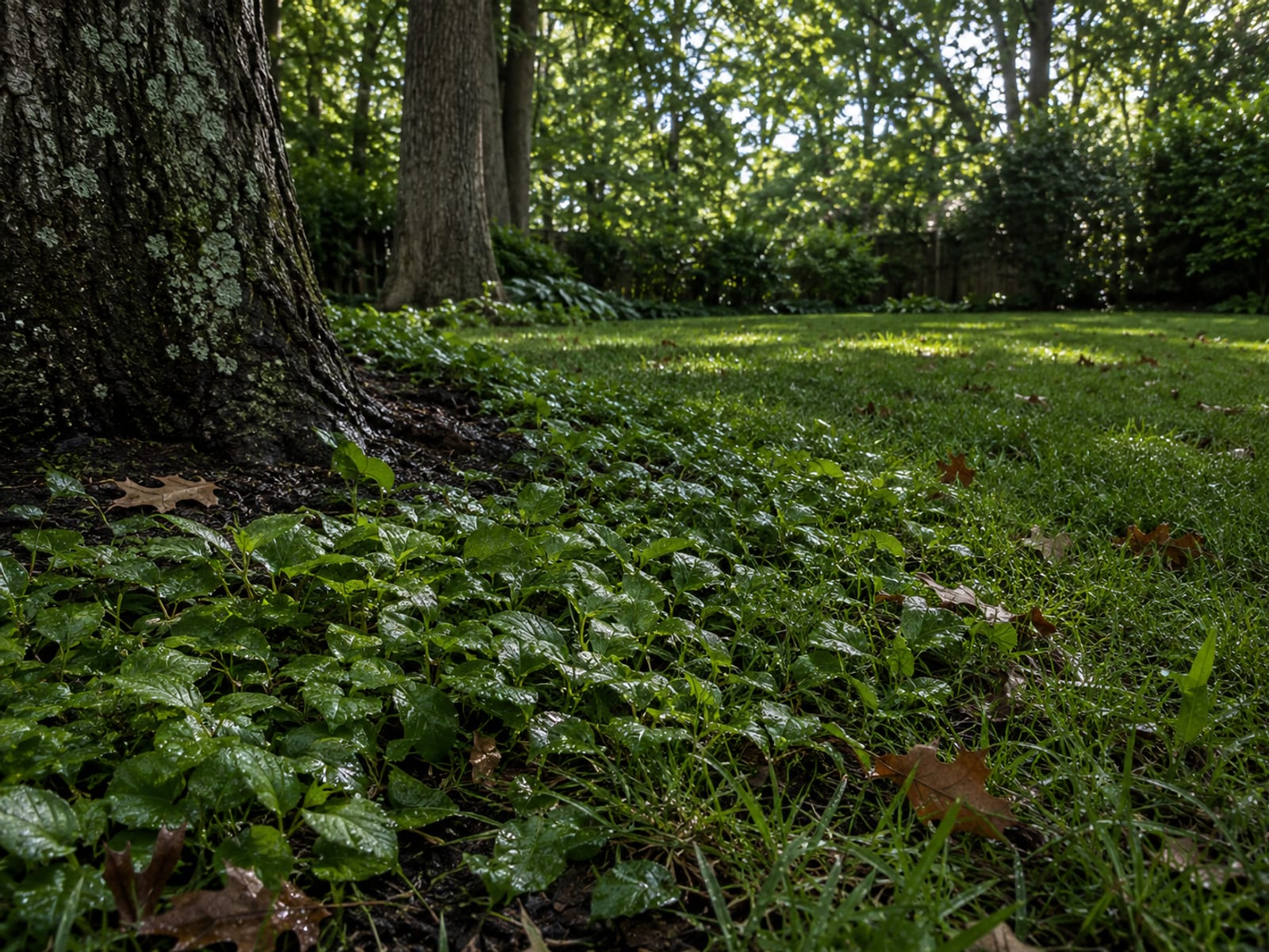 Shaded suburban Maryland lawn and dense ground cover beneath mature oak trees showing fine moisture from barrier treatment