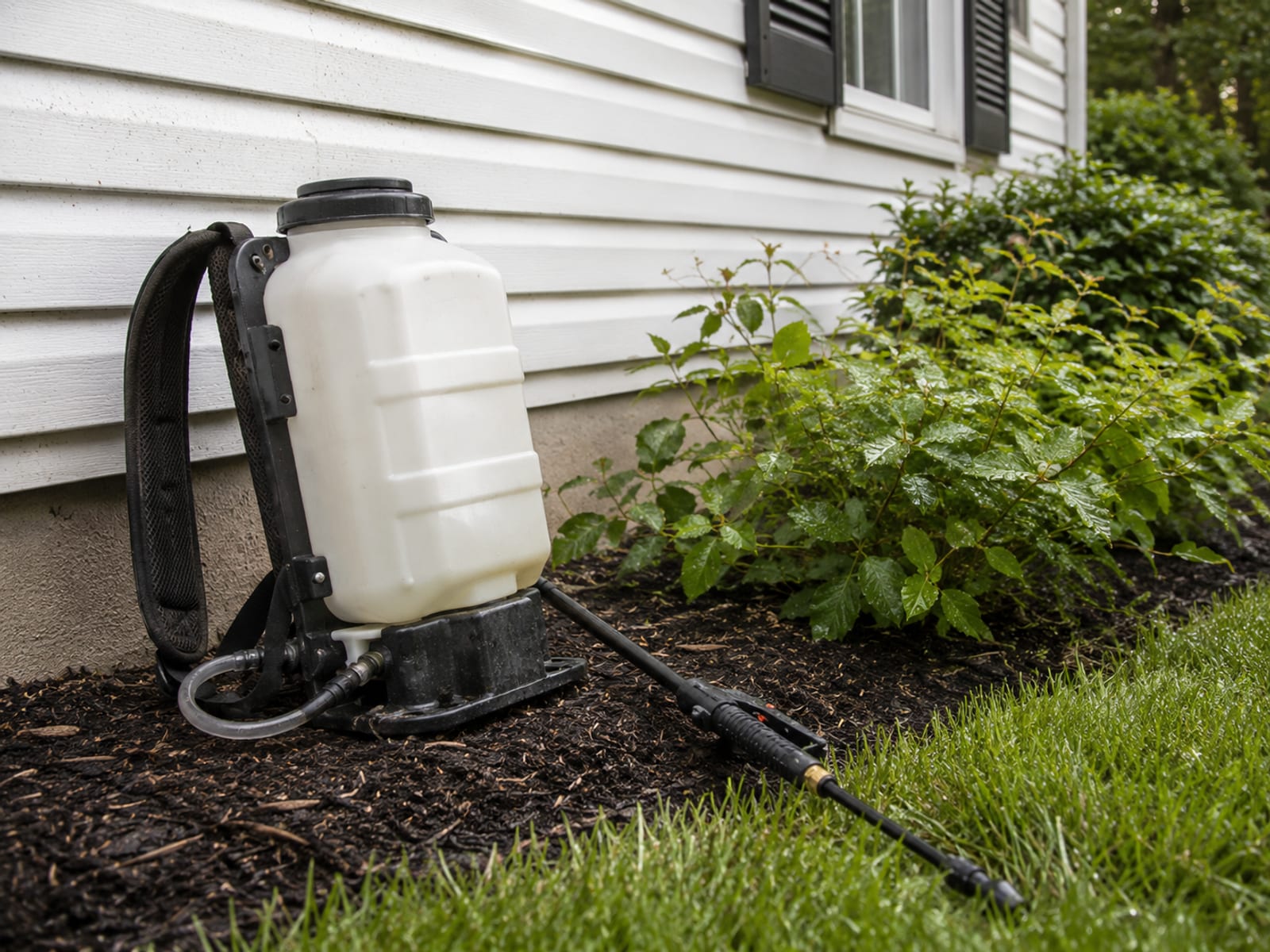 Unbranded backpack misting sprayer unit resting against a vinyl-sided colonial home foundation beside a treated shrub border