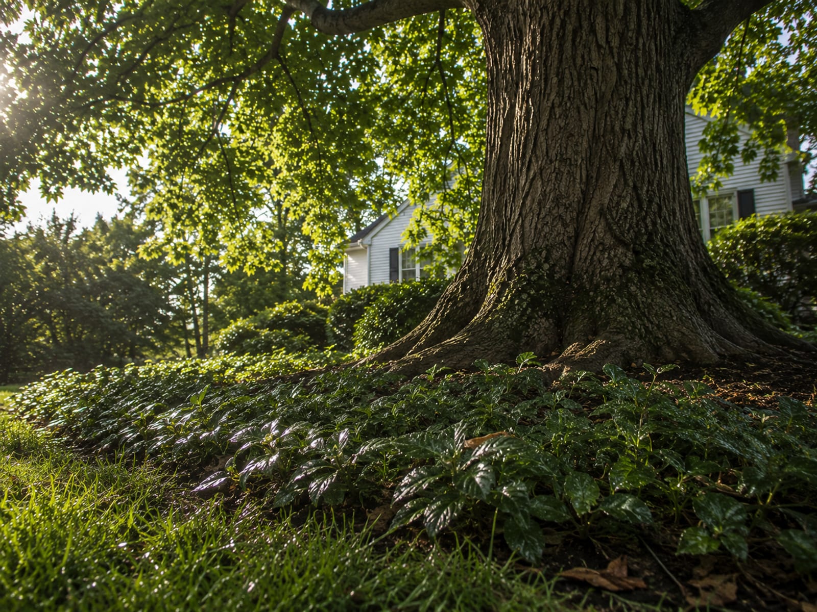 Sunlit mature oak tree base in a Baltimore County backyard with lush ground cover and lawn showing fine mist residue on low vegetation after barrier treatment