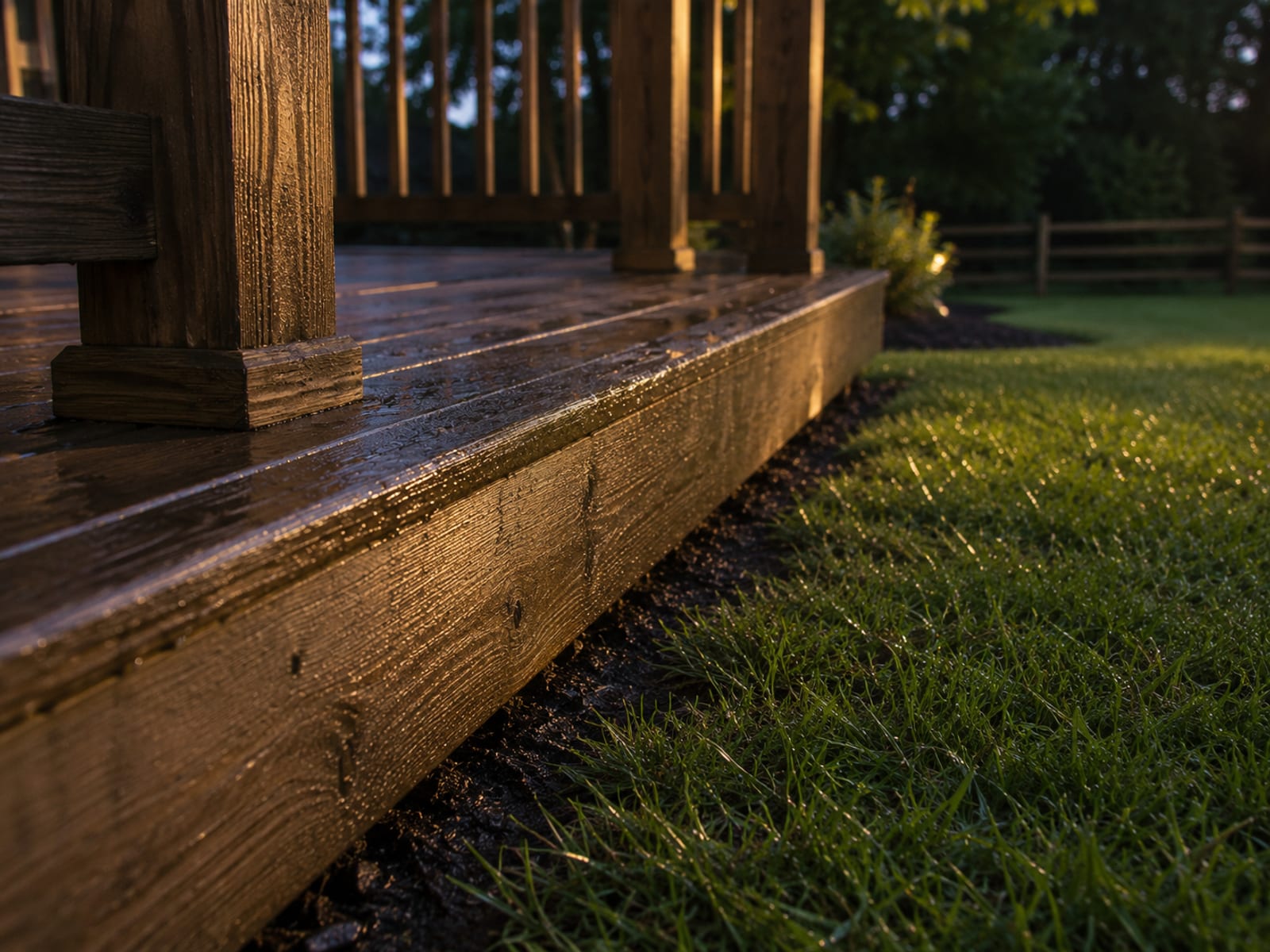 Treated wooden deck perimeter in a Baltimore suburb with mist residue visible on deck boards and surrounding lawn at dusk