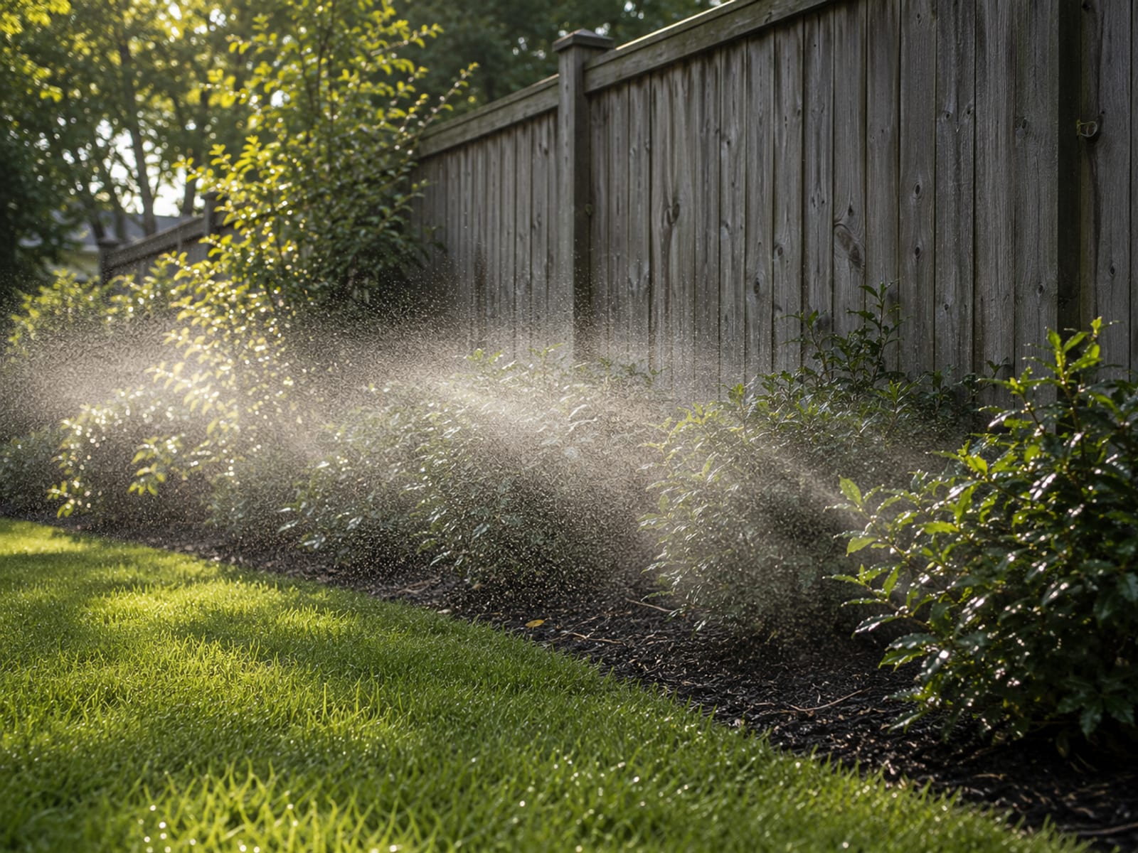 Fine barrier spray mist drifting across a manicured lawn edge and ornamental shrubbery along a wooden privacy fence in a Baltimore suburb