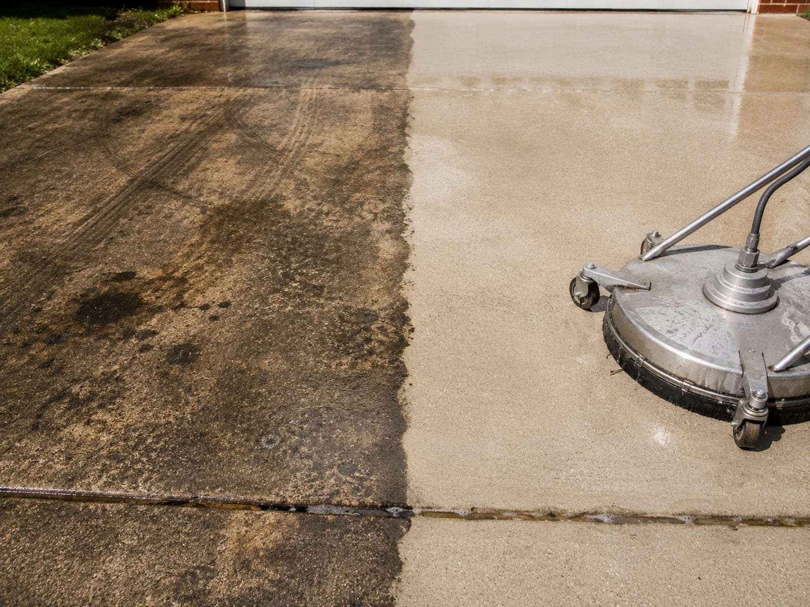 Close view of a concrete driveway split between heavily stained oil and algae covered surface on one side and freshly pressure washed bright clean concrete on the other