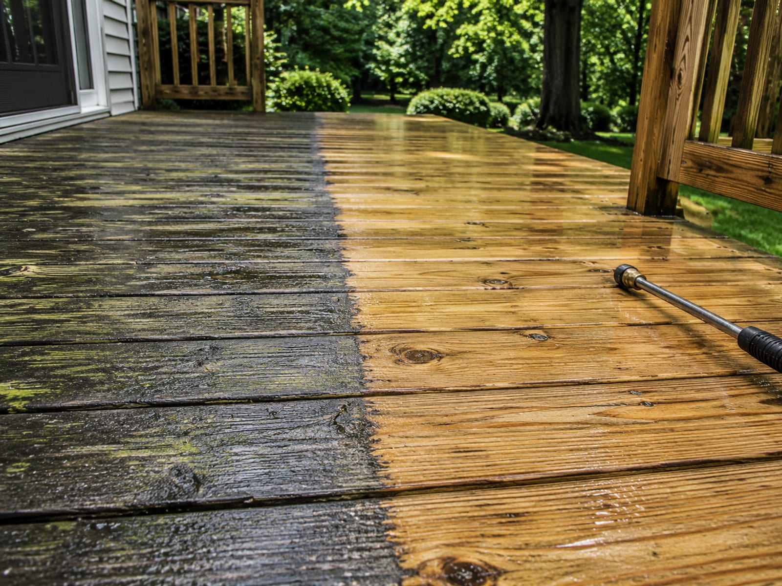 Angled view of a wood deck surface half covered in dark weathered grime and green mildew and half revealed as clean bright natural wood grain after pressure washing