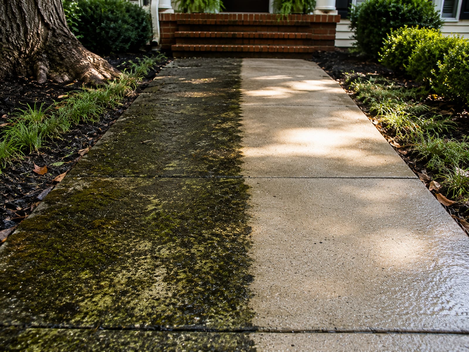 Residential front walkway concrete pavers in Baltimore with one side heavily covered in dark moss and staining and the other side freshly pressure washed to a clean light grey tone