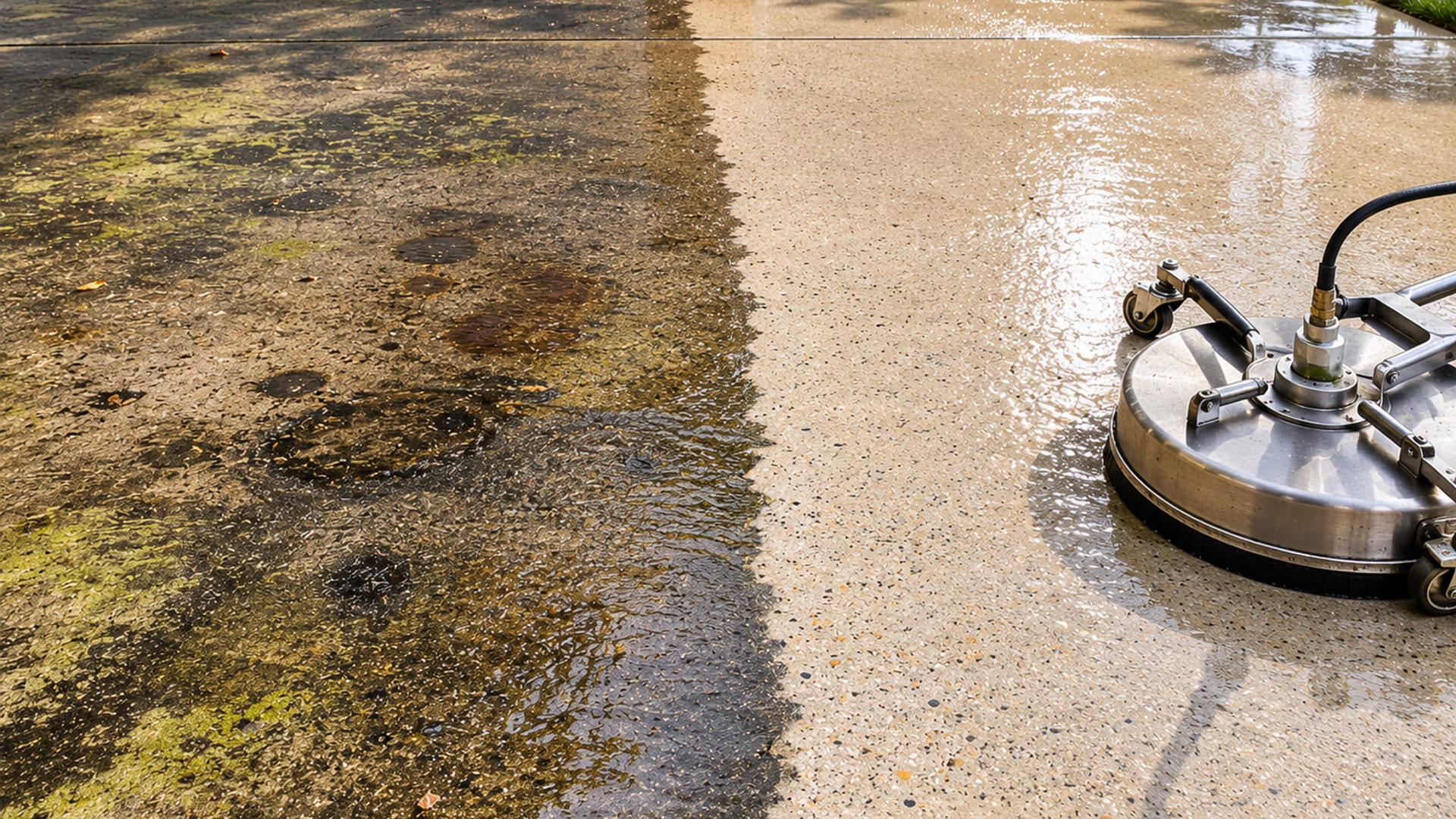 Close view of a residential concrete driveway with a sharp clean line dividing heavily stained dark concrete from freshly pressure washed bright concrete