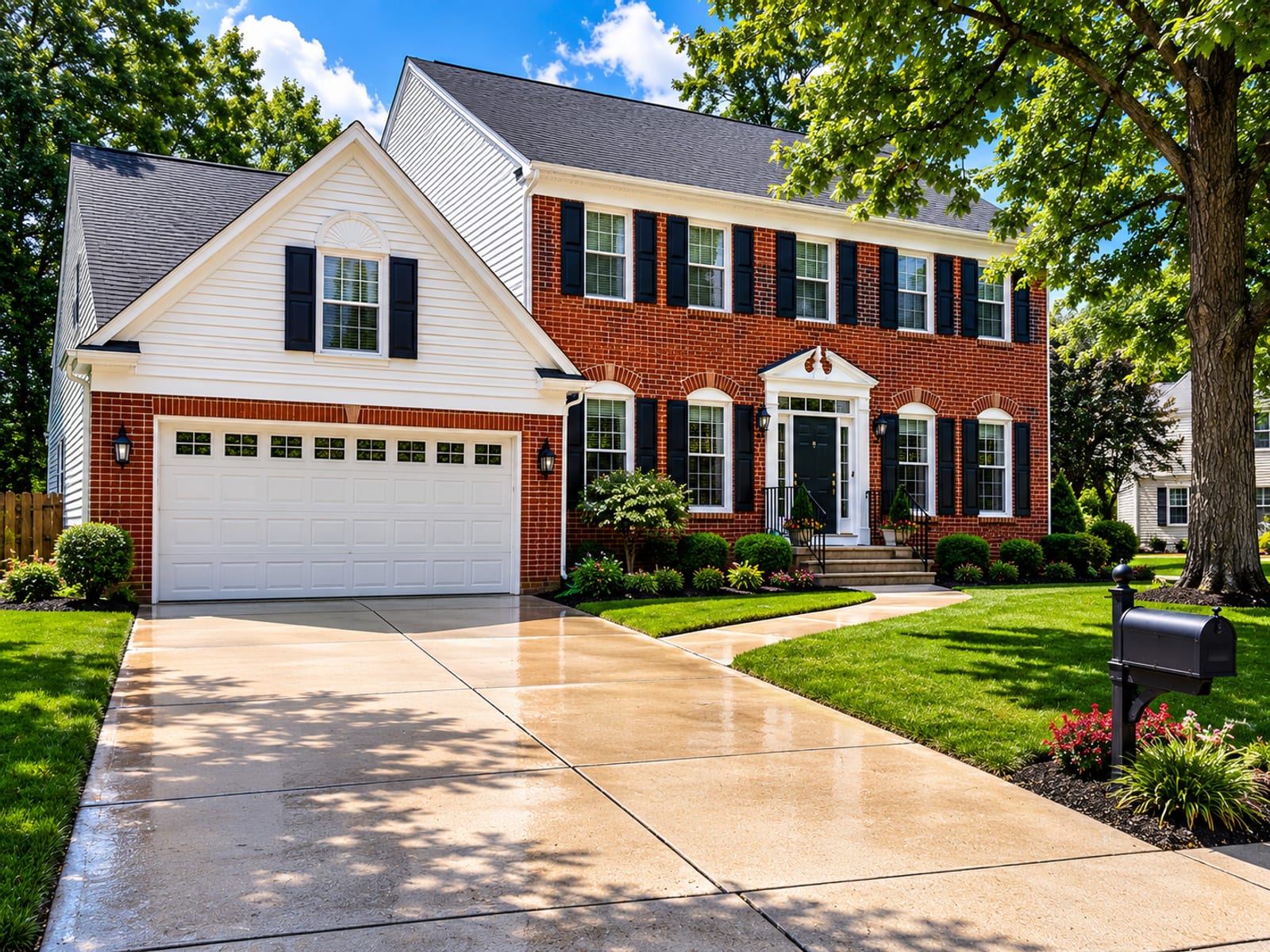 Wide view of a freshly pressure washed brick and vinyl-sided colonial home in a Baltimore County suburb with a clean driveway and lush green lawn