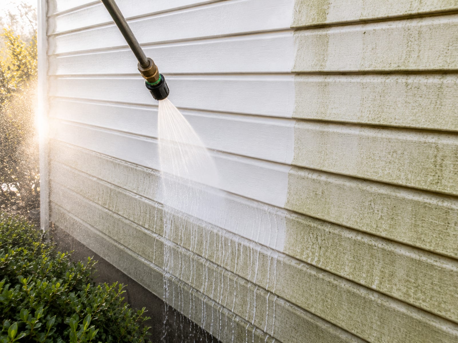 Close detail of a pressure washing wand directing a focused water stream along dirty vinyl siding on a suburban Baltimore home, revealing clean white panels beneath green algae buildup