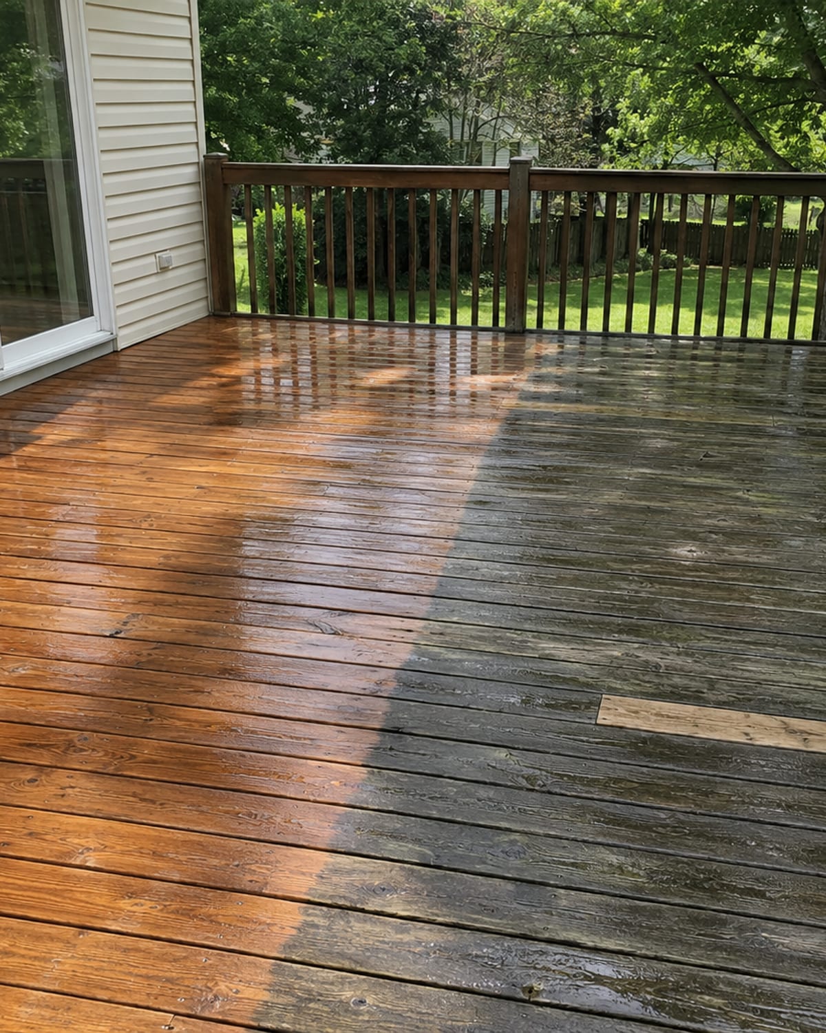 Freshly pressure washed wooden deck on the rear of a Baltimore area split-level home showing restored wood grain color contrast against the remaining weathered grey sections