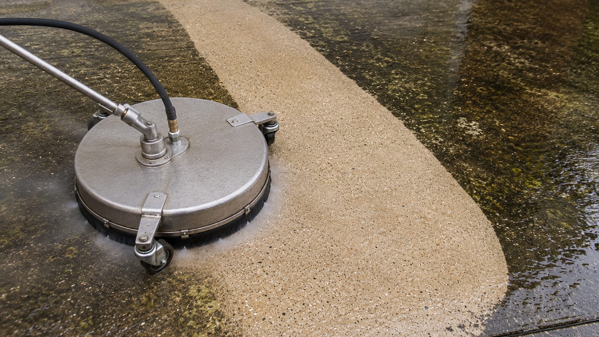 Close detail shot of a residential concrete driveway mid-clean showing a surface cleaner cleaning path with a sharp contrast between the bright clean strip and the surrounding dark stained concrete