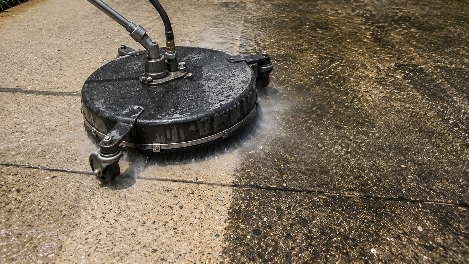 Close view of a round surface cleaner tool moving across a stained residential concrete driveway showing a vivid clean path beside dirty concrete in Catonsville Maryland