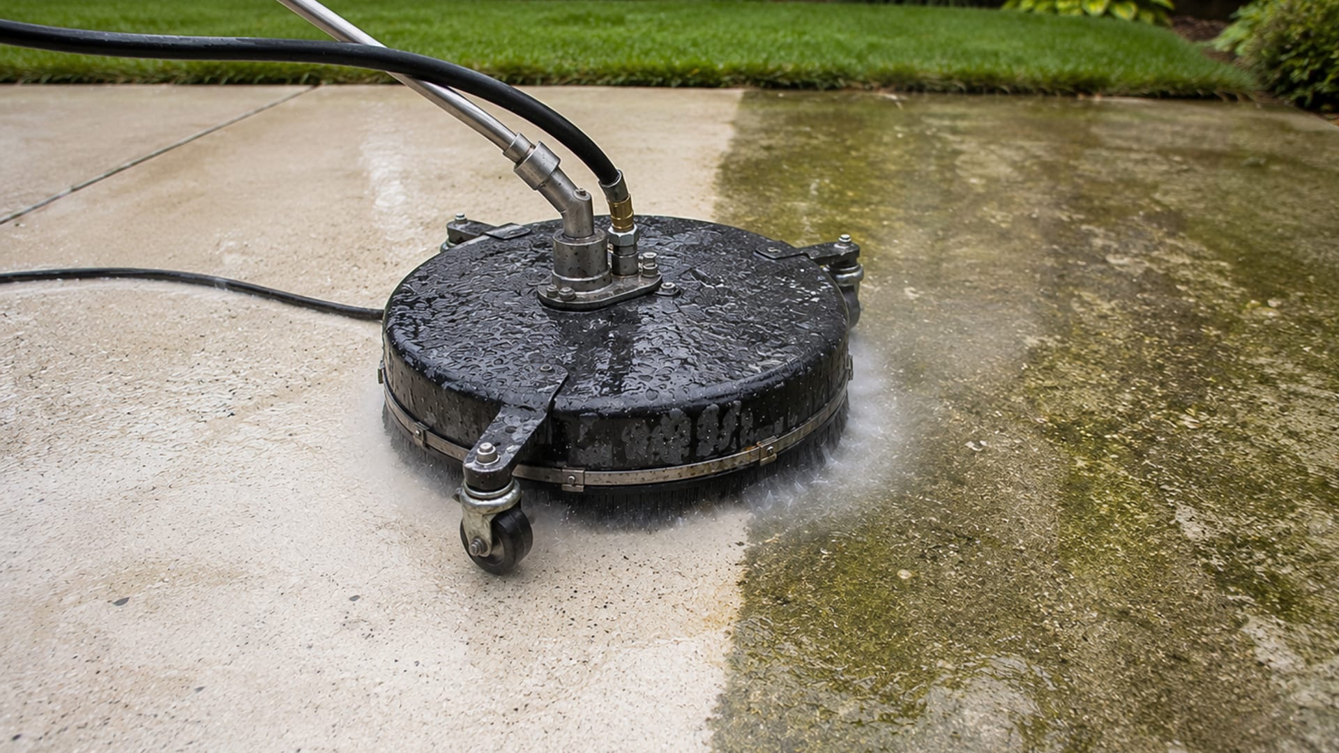 Close view of a round surface cleaner attachment actively cleaning a stained concrete patio slab with visible clean path and dirty border in a Maryland suburban backyard