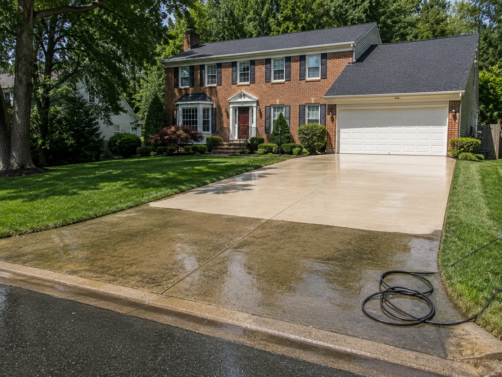 Wide view of a freshly pressure washed concrete driveway and brick colonial home exterior in a Cockeysville Maryland suburban neighborhood on a bright day