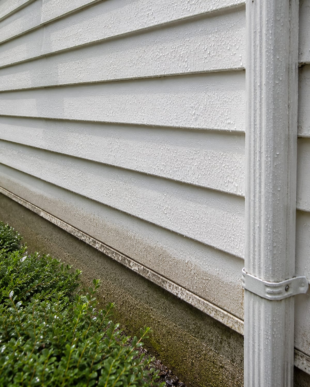 Close side view of freshly pressure washed white vinyl siding on a Baltimore County colonial home showing bright clean panels with water droplets still beading on the surface beside a downspout