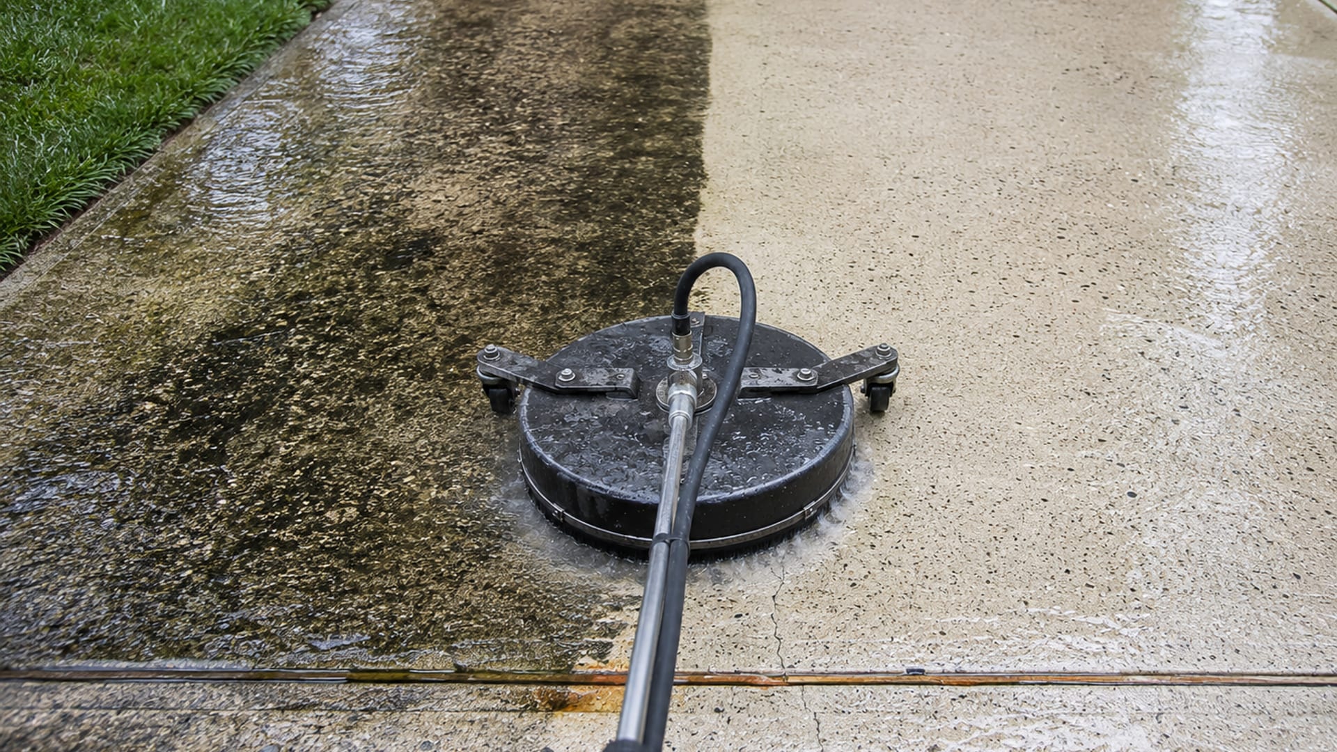 Close view of a residential concrete driveway in Dundalk Maryland showing a sharp contrast between a dark stained half and a freshly pressure washed bright clean half